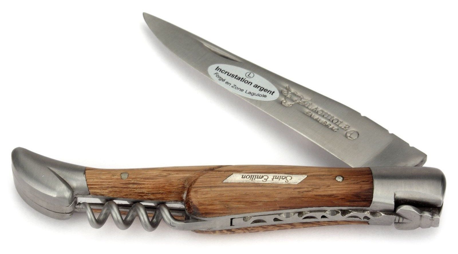 Laguiole en Aubrac Taschenmesser L0312GCIF St. Emilion, Griff 12cm Fasseiche - Silberplakette - Korkenzieher - Stahl matt