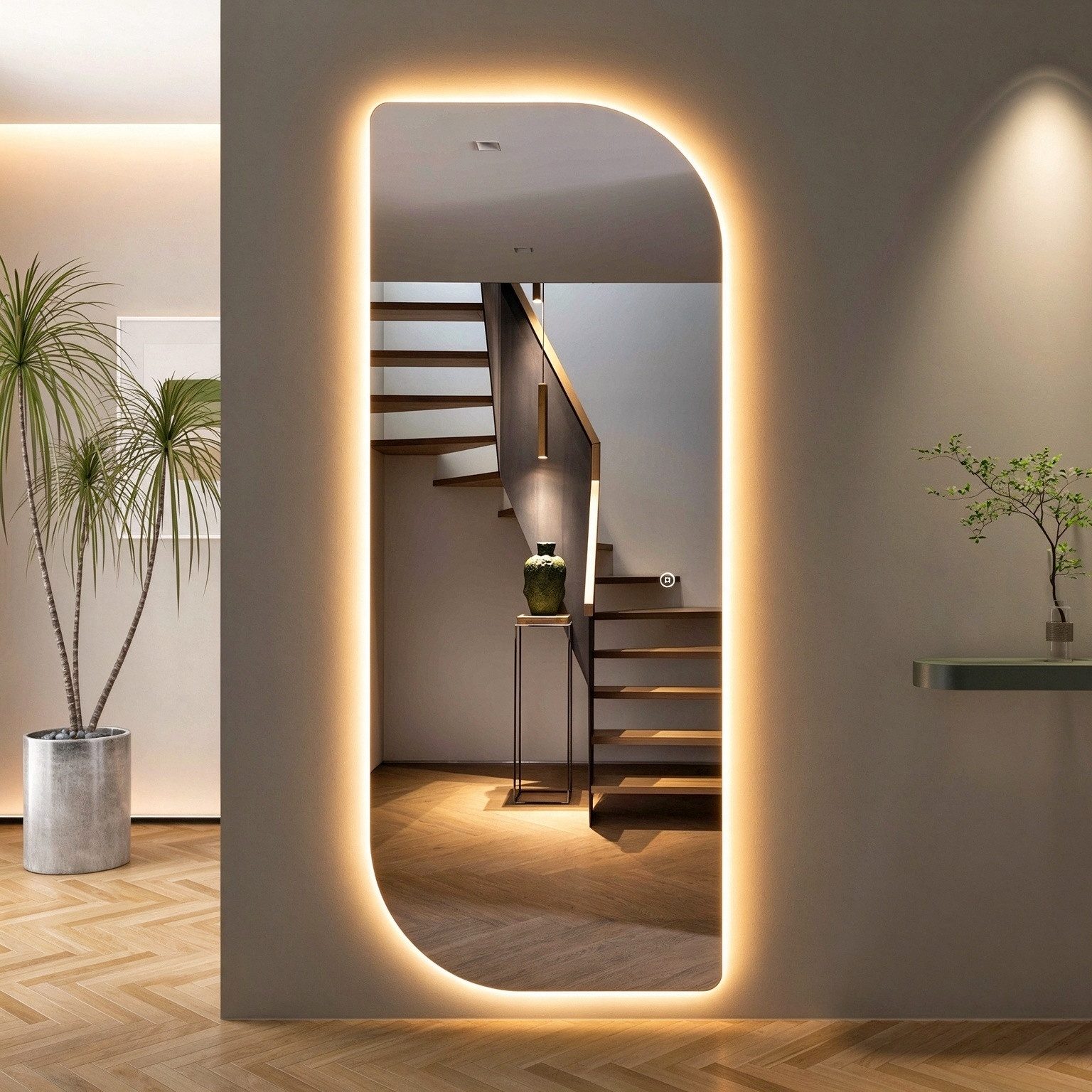 WDWRITTI Ganzkörperspiegel Rahmenlos LED Spiegel groß asymmetrisch Dekospiegel Flurspiegel (Wandspiegel mit beleuchtung 3Lichtmodi, Helligkeit dimmbar, Speicherfunktion, 1-St., 165x65cm), mit Netzstecker, 2 Montagerichtungen