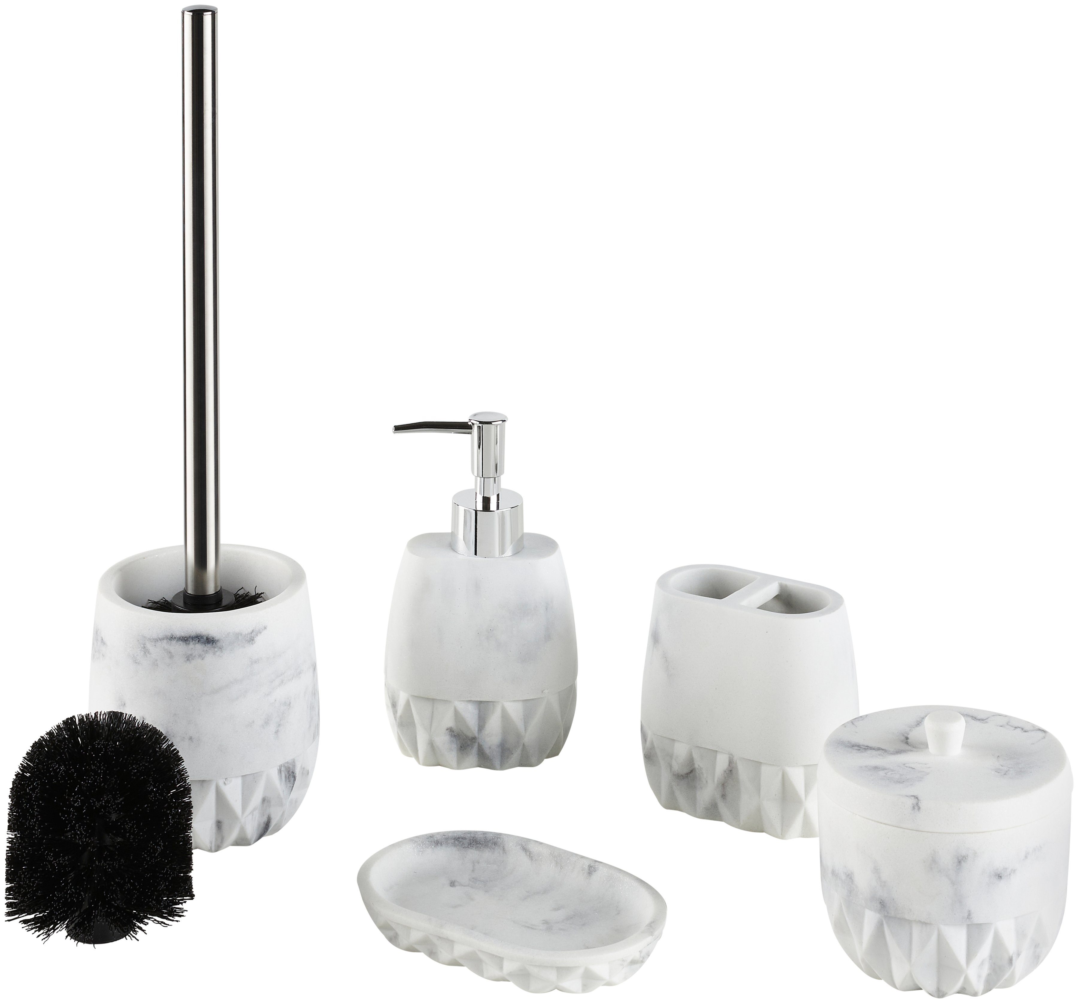 welltime Badaccessoire-Set Marble, 5 tlg., Umfangreiches Set aus Polyresin,  inkl. Ersatzbürstenkopf für WC-Bürste