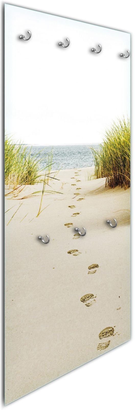 Wallario Wandgarderobe Spuren im Sand- Fußspuren durch die Düne zum Meer (1-teilig, inkl. Haken und Befestigungsset), 50x125cm, aus ESG-Sicherheitsglas