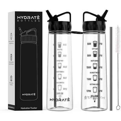 Hydrate Bottles Trinkflasche 900ml Trinkflasche mit Zeitmarkierungen, Strohhalm, BPA-frei, Tritan, Carbon Black 900ml Silikon