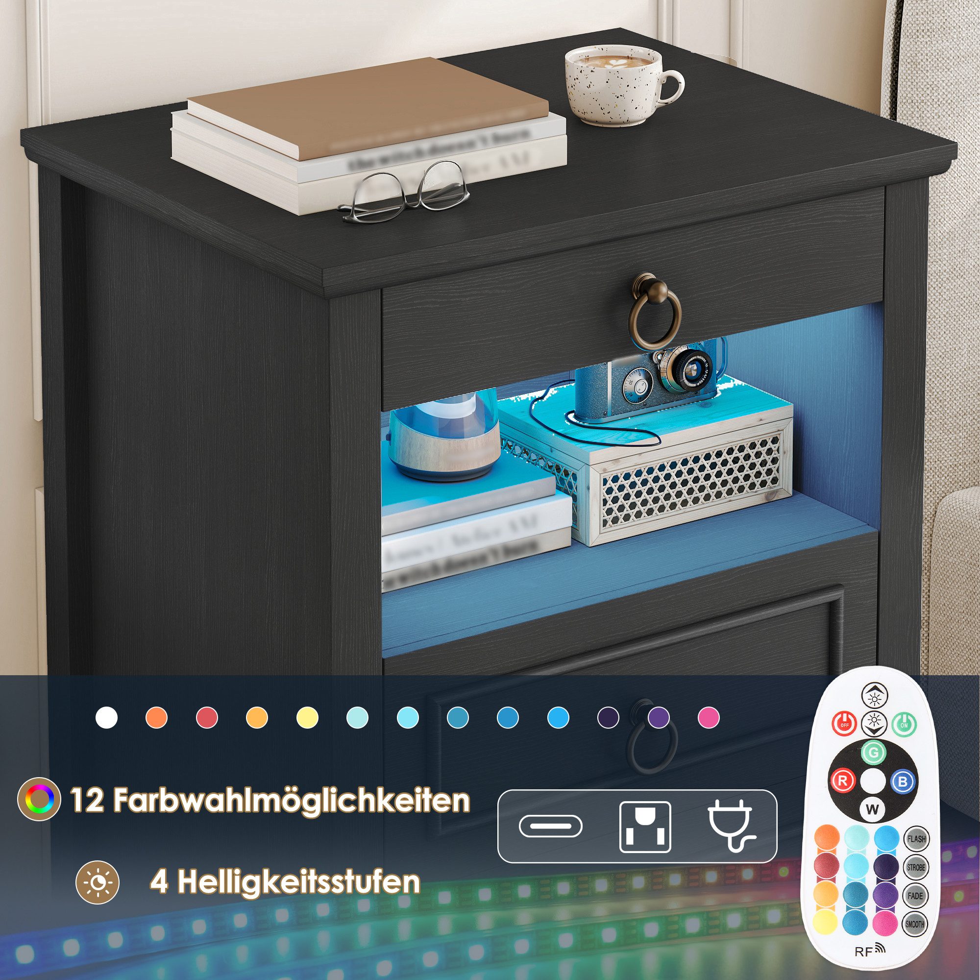 HOMECHO Nachttisch, mit LED, Steckdose & 3 Schubladen 1 Piece or 2 set, Weiß/Schwarz