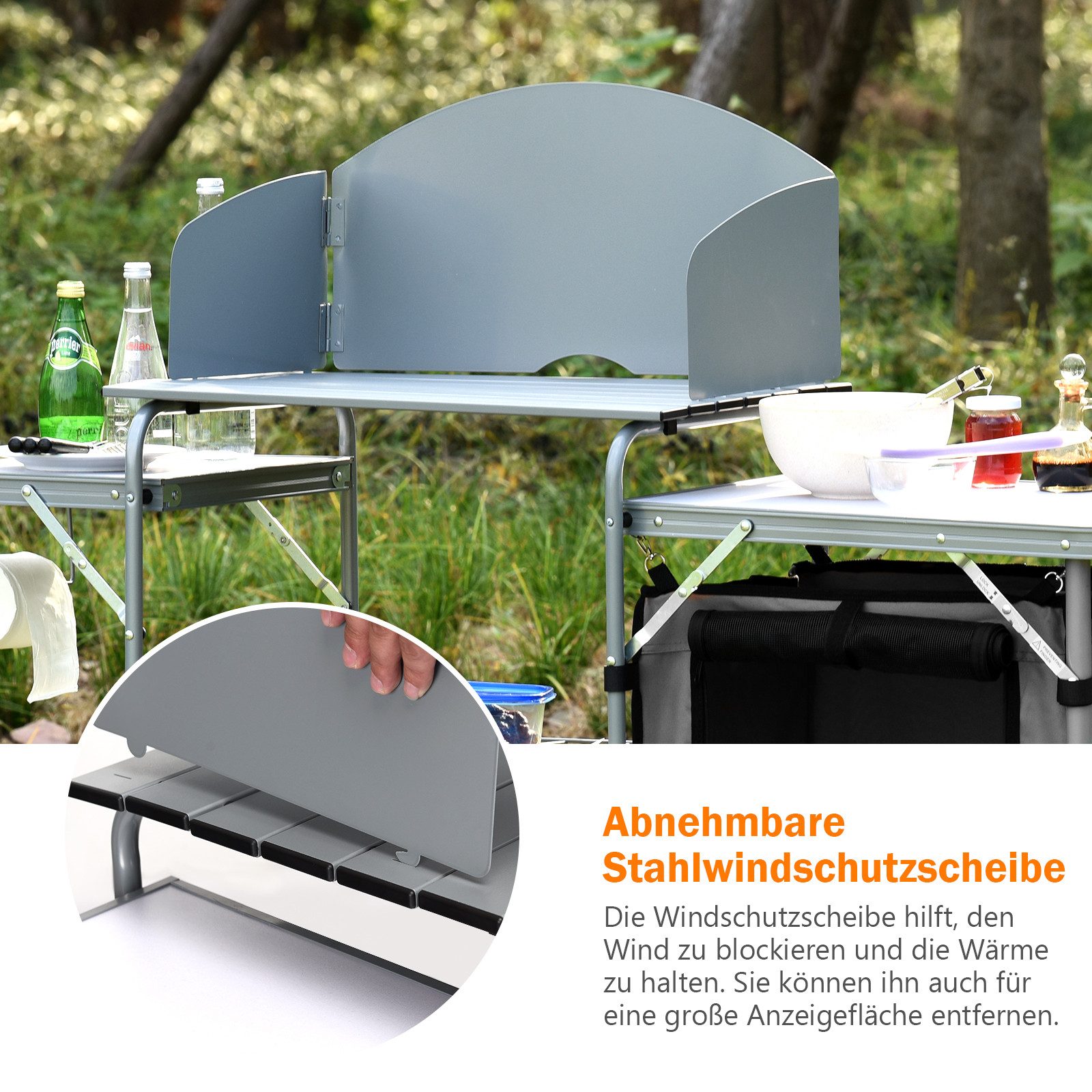 KOMFOTTEU Campingschrank faltbare Campingküche mit Ablage, Windschutz & Tragetasche