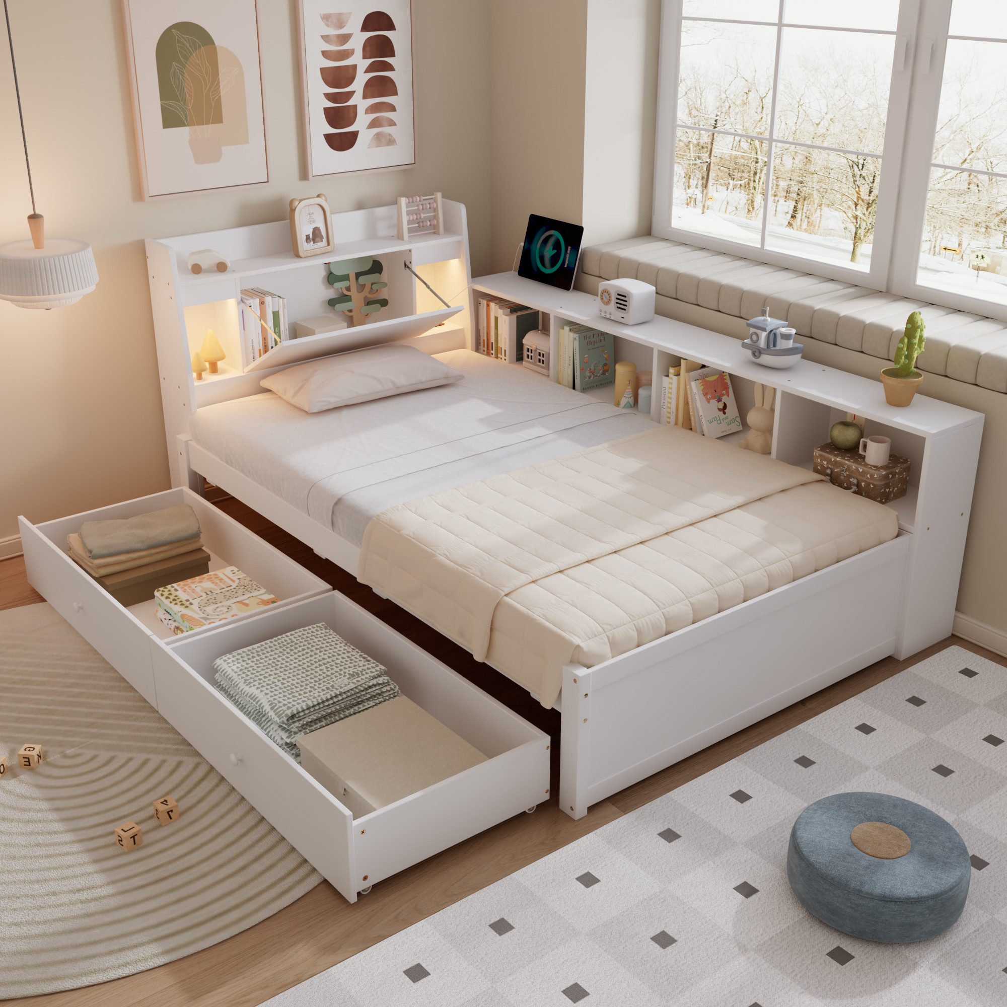 SOFTWEARY Stauraumbett (90x200 cm, Lattenrost, Schubladen, Regal, LED-Beleuchtung, Mehrfachsteckdose), Einzelbett, Holzbett, Jugendbett, Kiefer – Bild 2 von 5