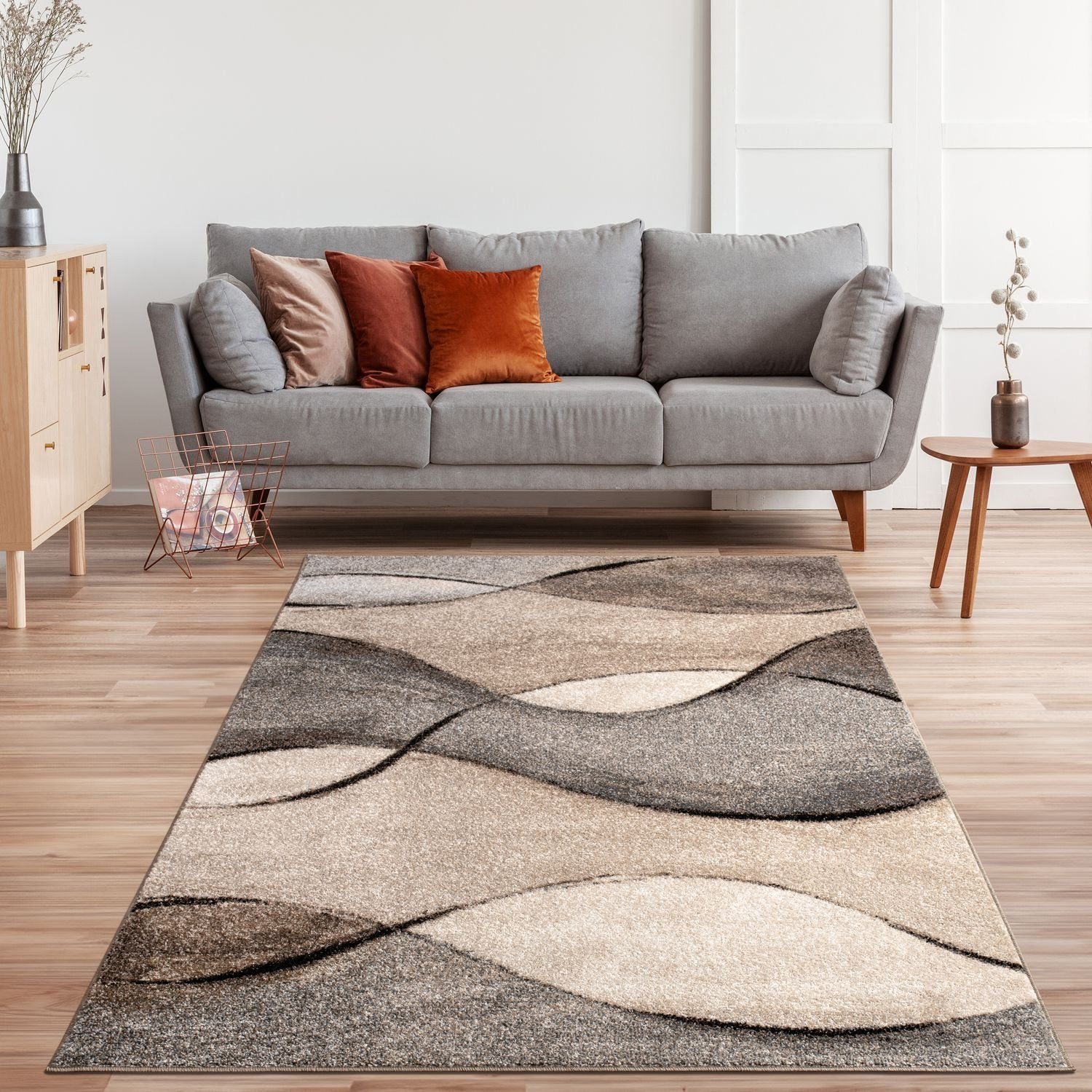 Teppich Modern Beige mm 24 Style rechteckig, Creme, Webteppich Grau Wellen Höhe: Home, TT Wohnzimmer Meliert