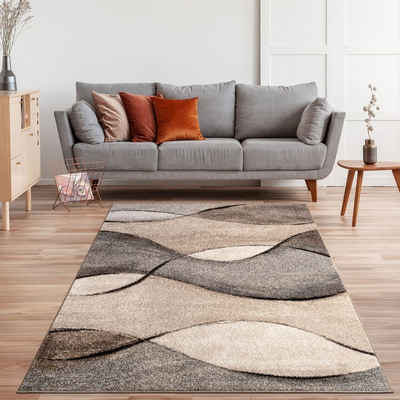 Teppich Modern Wohnzimmer Webteppich Style Wellen Meliert Grau Beige Creme, TT Home, Läufer, Höhe: 14 mm