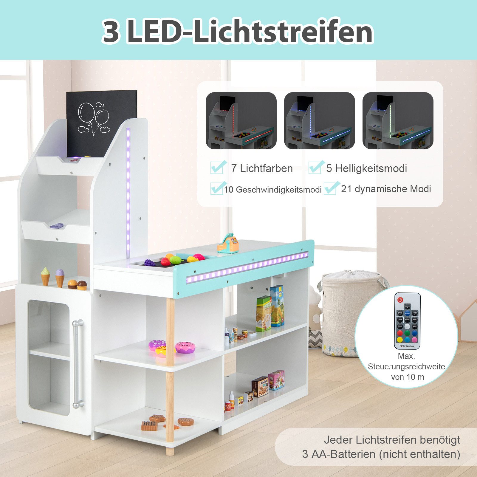 COSTWAY Kaufladen, Supermarkt mit LED-Lichter, aus Holz