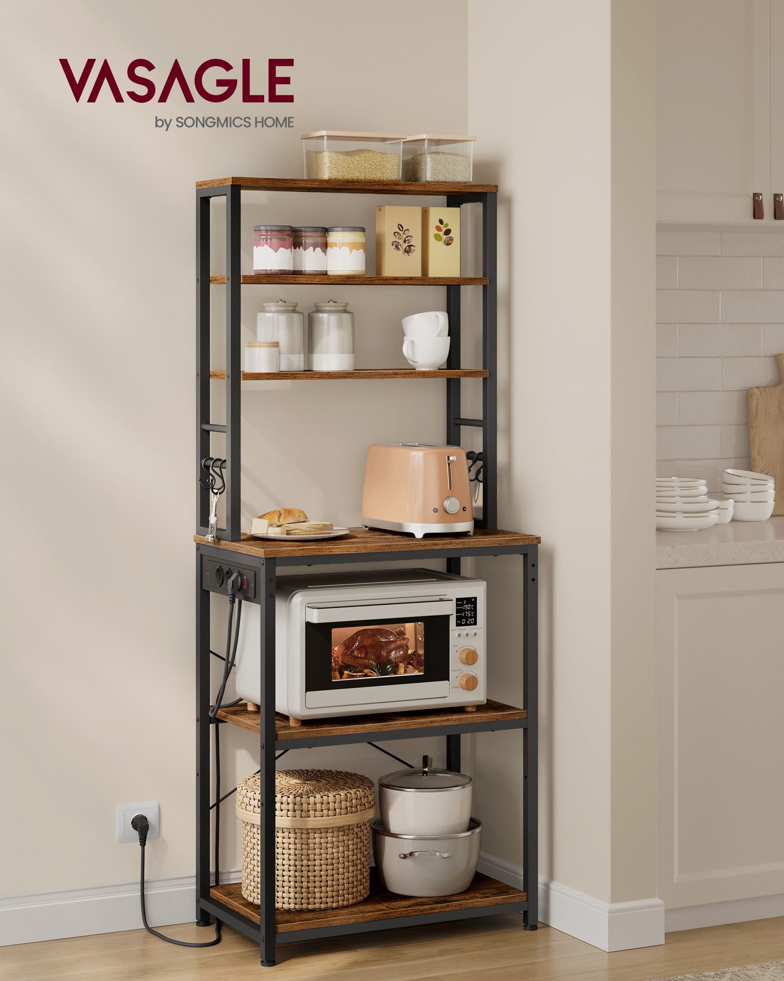 VASAGLE Standregal Küchenregal, Mikrowellen-Regal, 6 Haken, 6 Ablagen, 40 x 60 x 167 cm, mit Steckdosen, Stahlrahmen, für Küche