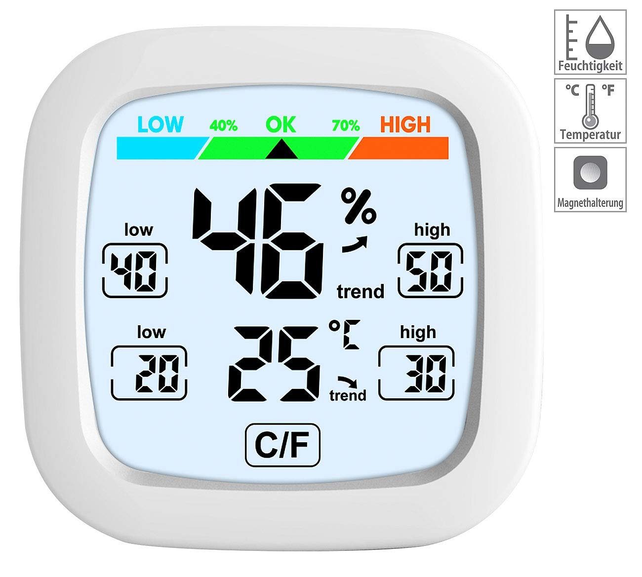infactory Raumthermometer Digitales Hygrometer mit Thermometer Trendanzeige Magnete & Standfuß