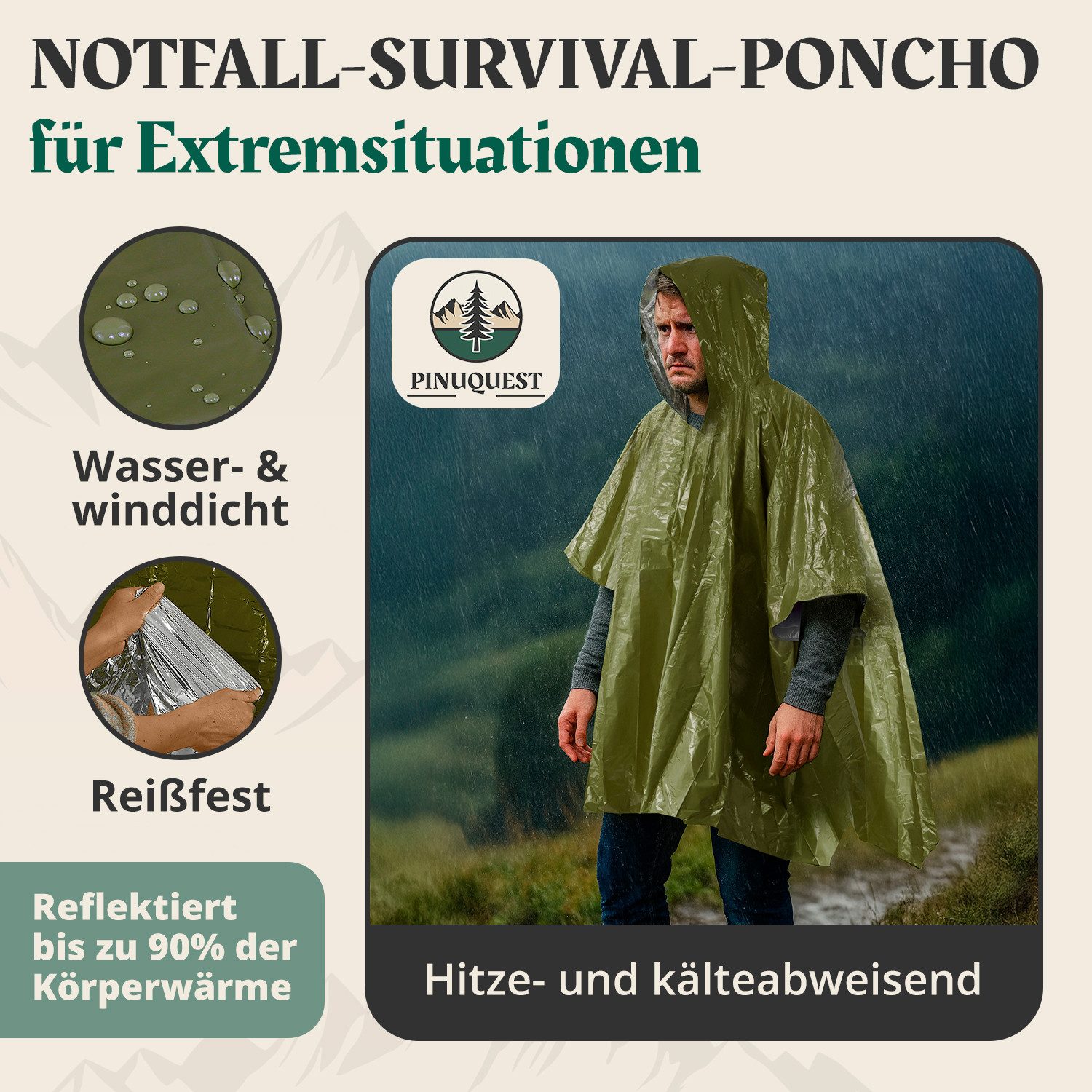 PINUQUEST Regenponcho Notfall-Poncho 26 µm grün (2-St) Poncho für Notfälle, Notponcho Wärmereflexion, wasserdicht winddicht – Bild 4 von 5