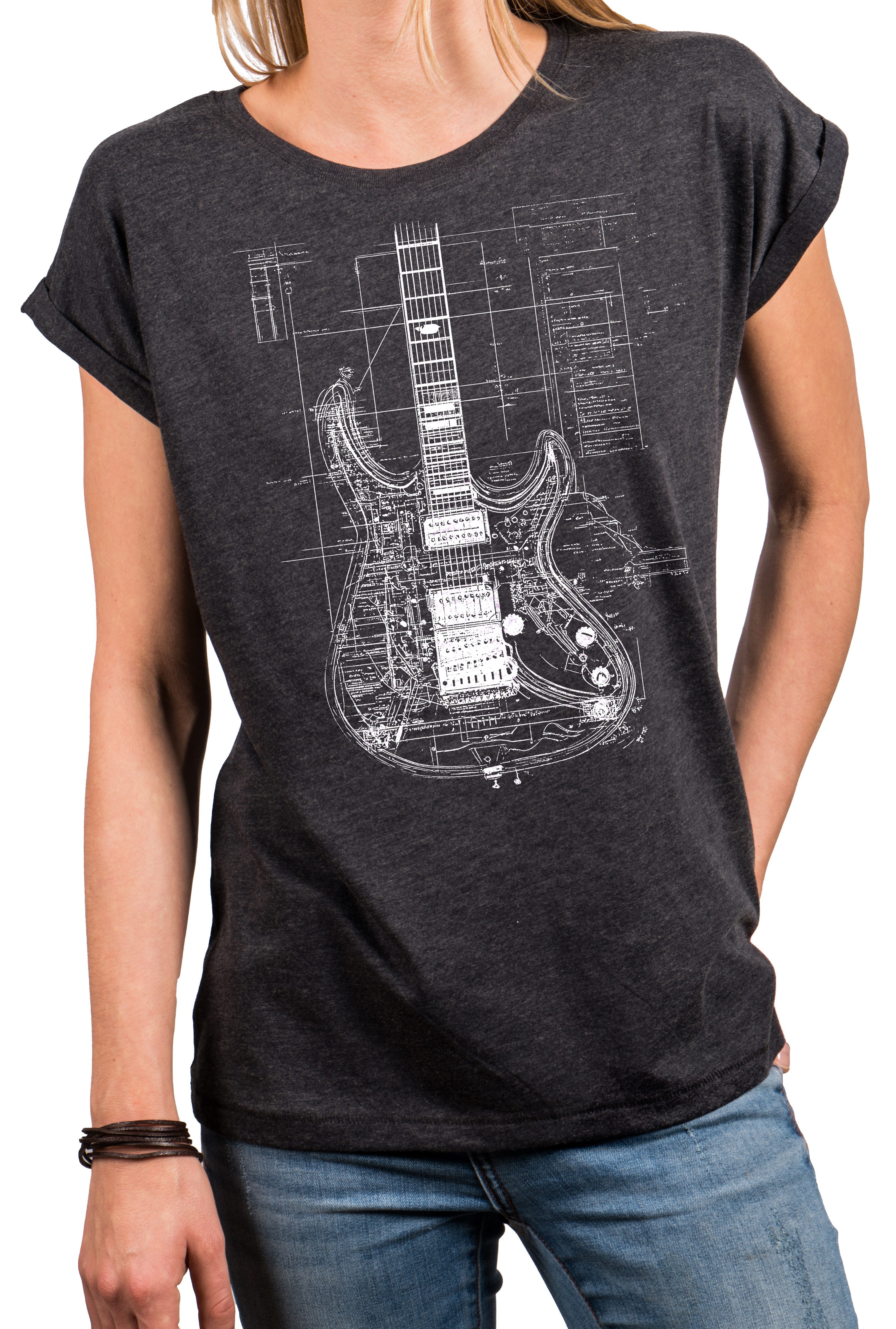 MAKAYA Print-Shirt Damen Gitarrenmotiv Gitarre Festival Outfit Rock Kurzarm Top (Schwarz, Blau, Grau, Grün, 34, 36, 38, 40, 42, 44, 46, 48, 50) große Größen