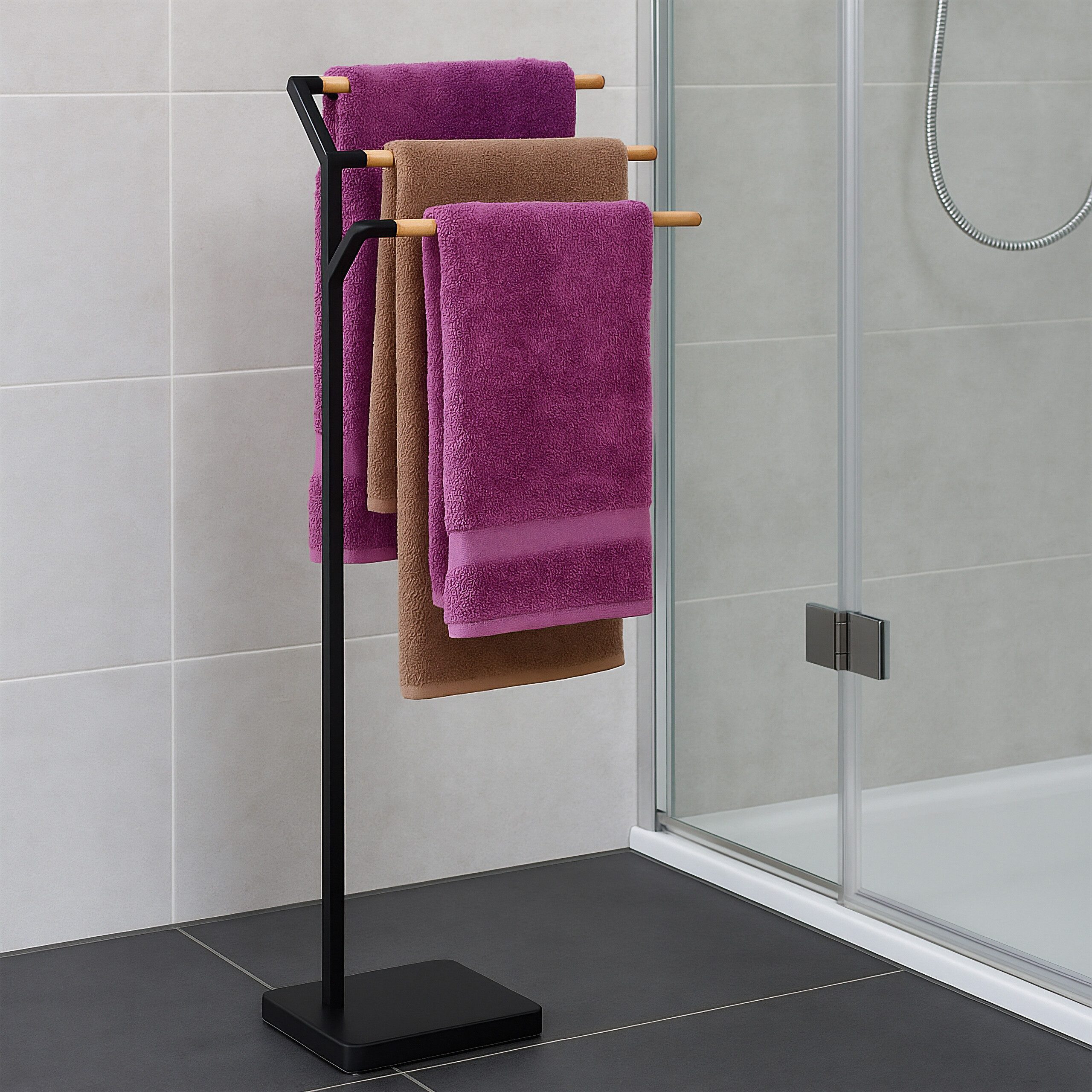 relaxdays Handtuchständer mit 3 Stange, schwarz