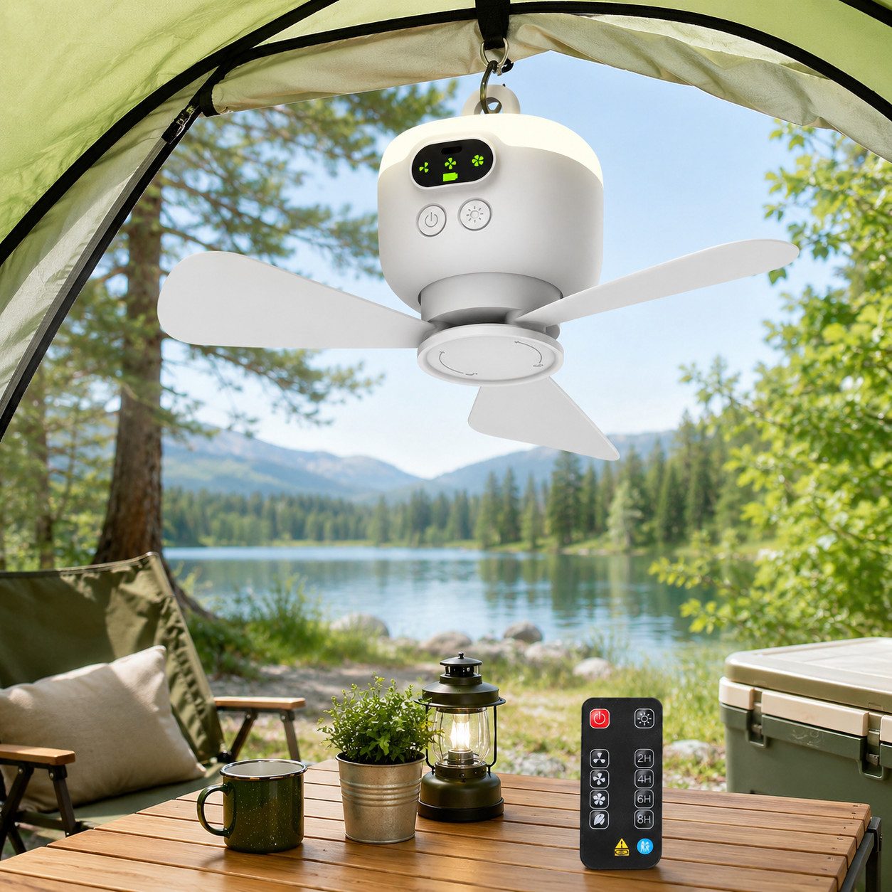 Lapamax Akku-Ventilator 8000mAh Camping-Ventilator, Deckenventilator mit Beleuchtung, 4 Windgeschwindigkeiten, Zeltventilator, für Angeln, Wandern, Outdoor