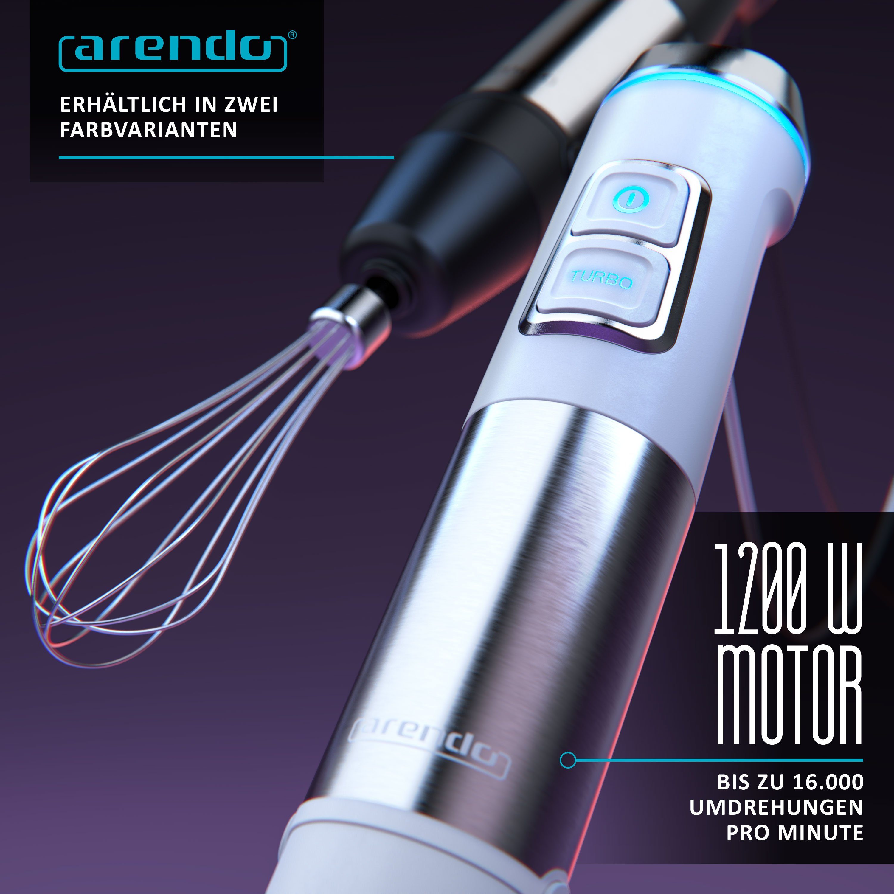Arendo Stabmixer Edelstahl Pürierstab Set mit Zerkleinerer & Messbecher, Handmixer, 1200 W, mit Schneebesen, 2 Geschwindigkeitsstufen, 4-Klingen, DC Motor – Bild 5 von 5