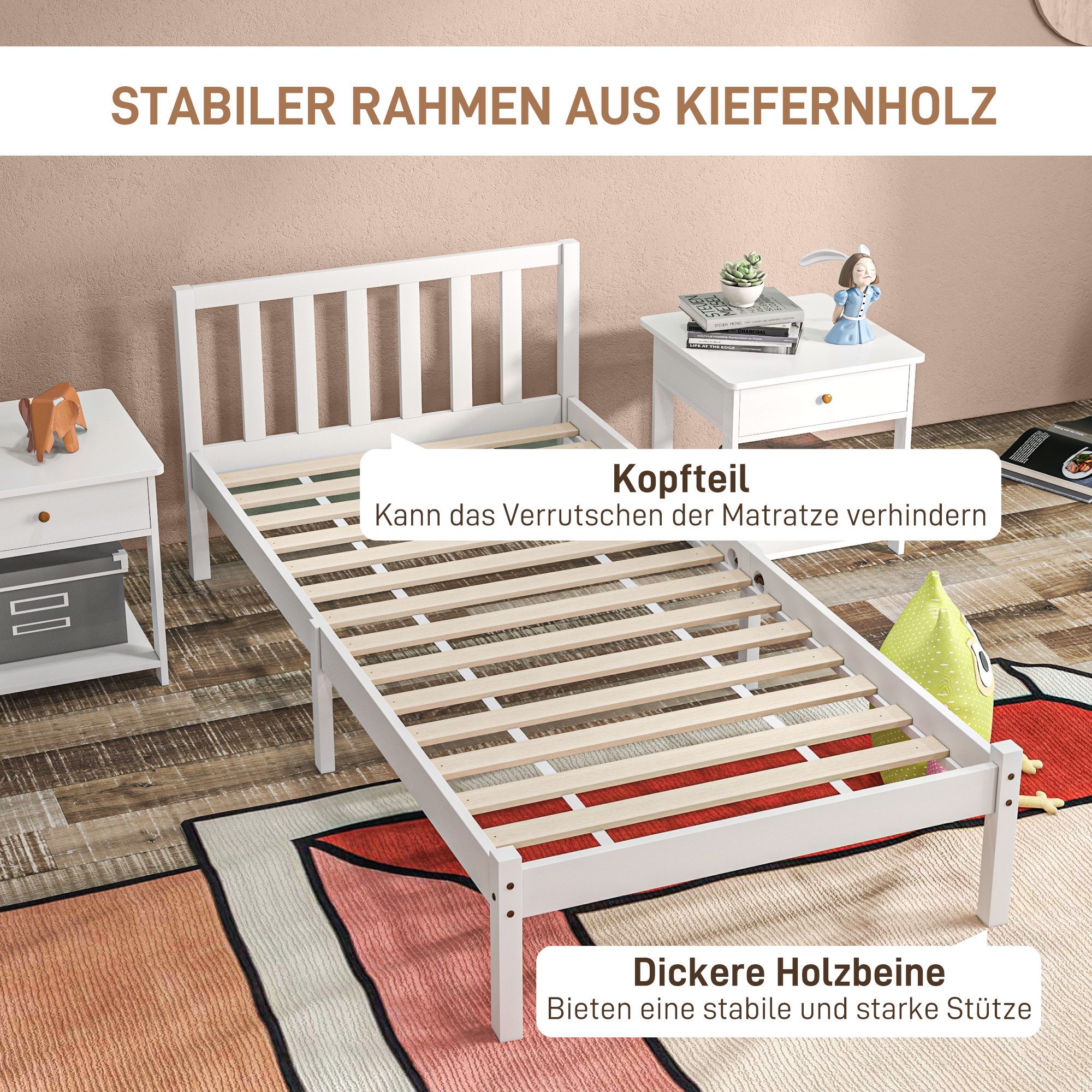 MC Star Holzbett 208 x 96 cm mit Lattenrost & Kopfteil, elegantes Einzelbettgestell (elegantes Einzelbettgestell für Schlafzimmer in Weiß)