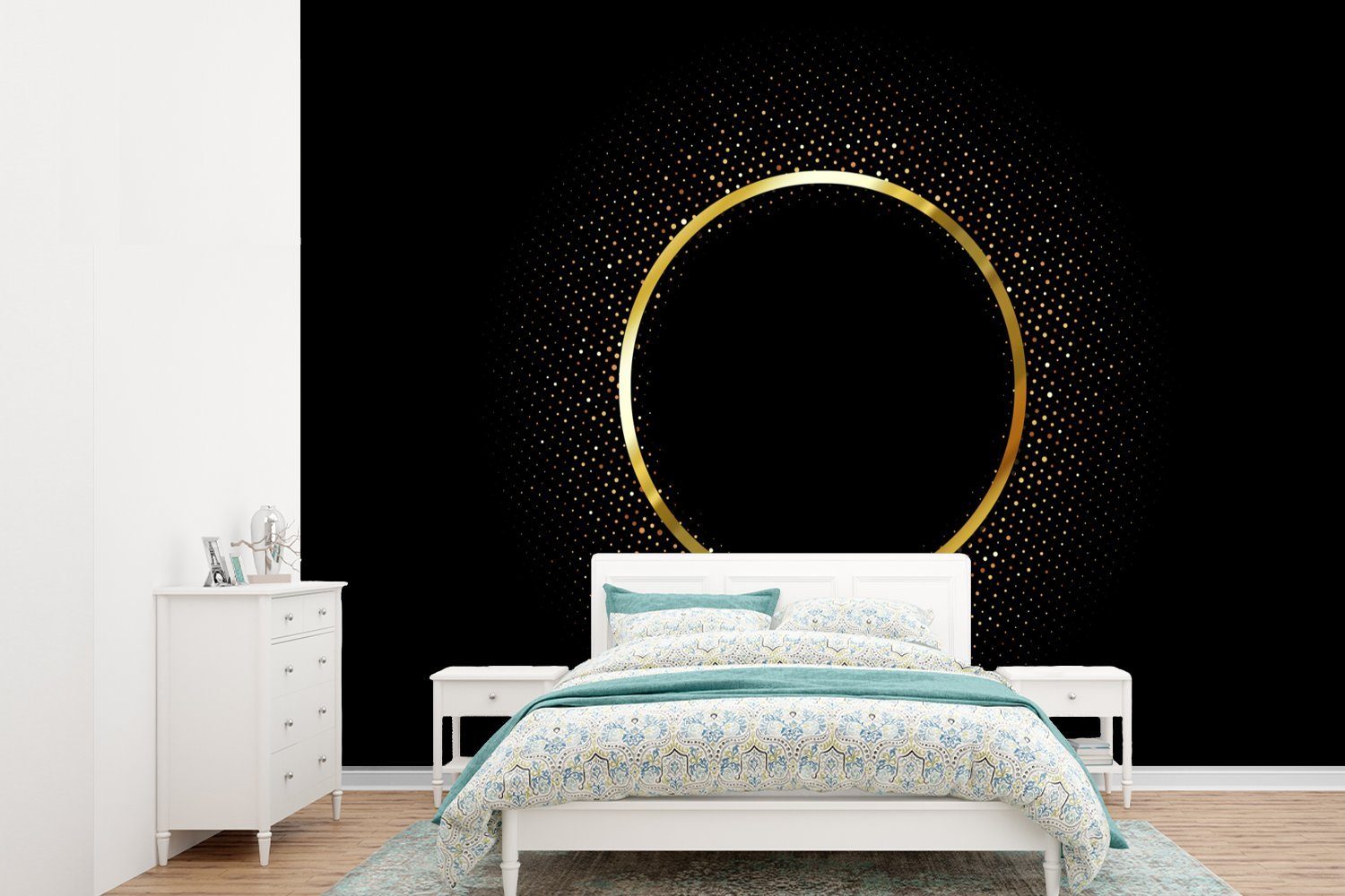 MuchoWow Fototapete Abstraktes Bild eines goldenen Kreises mit Sternen, Matt, bedruckt, (6 St), Montagefertig Vinyl Tapete für Wohnzimmer, Wandtapete