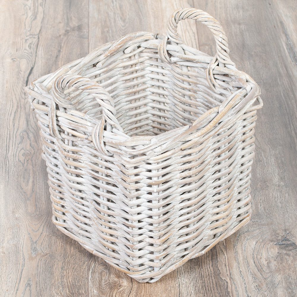 LebensWohnArt Dekokorb Landhaus Rattankorb BAKUL eckig White 30x30cm mit Griffen