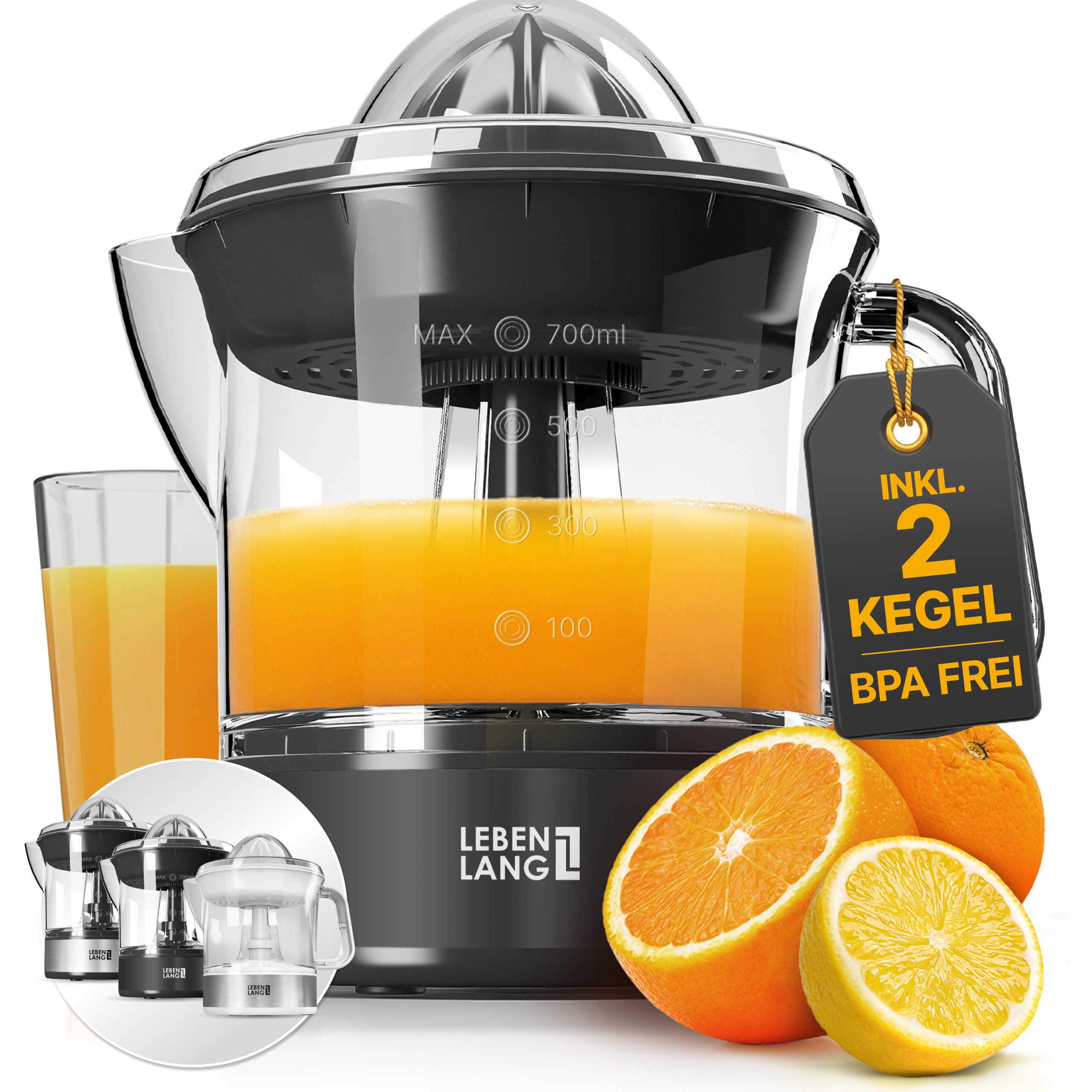Lebenlang Zitruspresse Saftpresse elektrische Zitronenpresse Orangenpresse, 40,00 W, BPA-freie, zwei Drehrichtungen, spülmaschinenfest, Auto ON/OFF