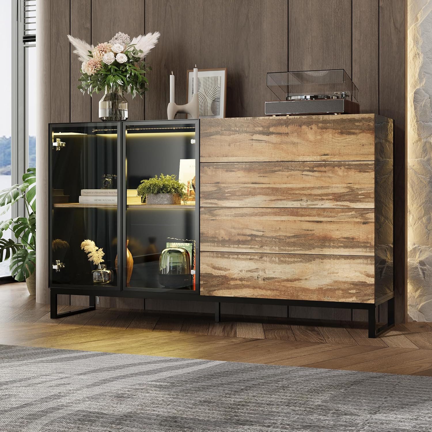 FUFU&GAGA Sideboard Highboard 160cm Vitrine mit LED, Glasvitrine Sideboard, Holz