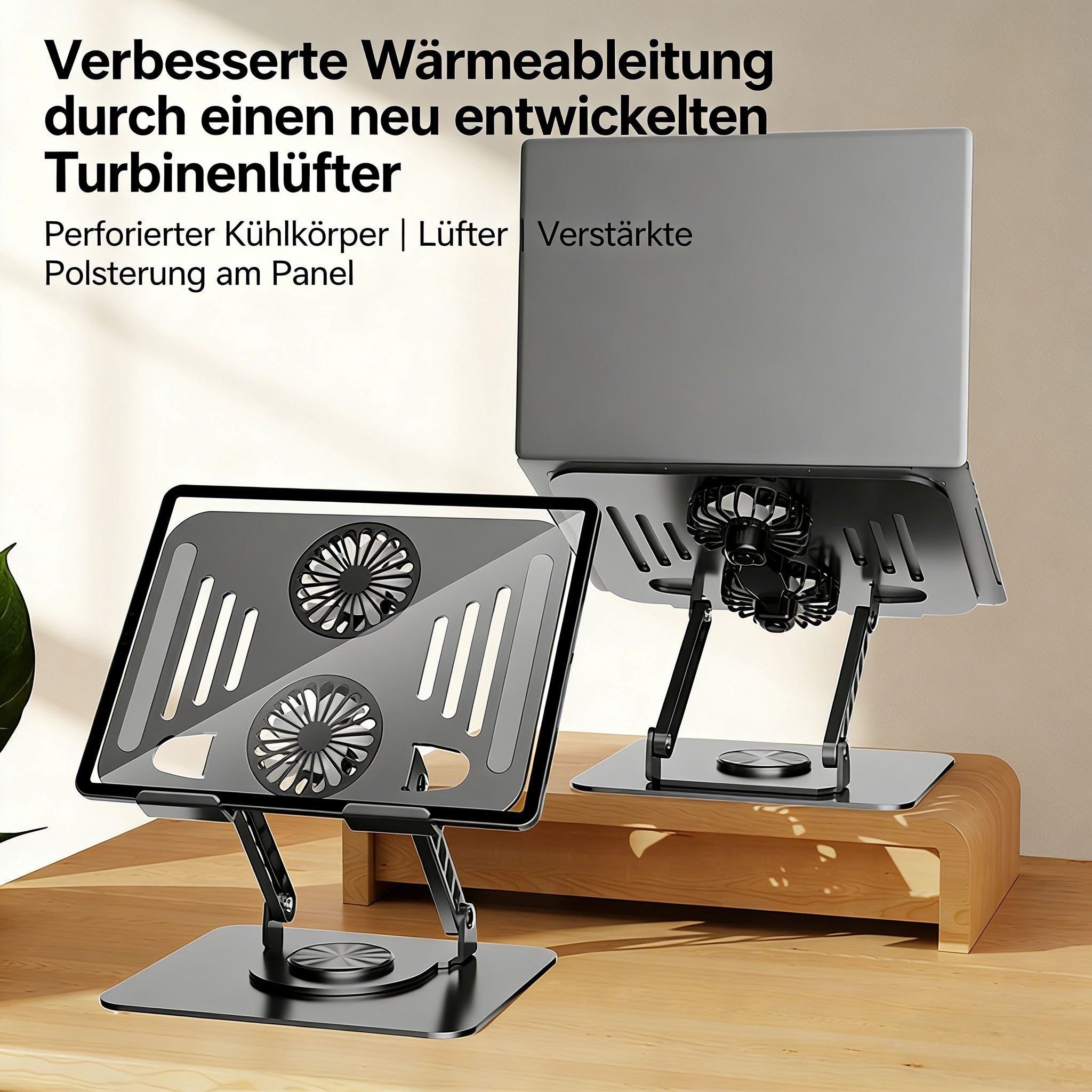 BBG Laptop-Ständer 360° Drehbarer Laptopständer mit Lüfter, (bis 17 Zoll, Kühlständer für Laptops bis 17 Zoll & Tablets, Notebook Ständer aus Karbonstahl, Höhenverstellbar & Stabil)