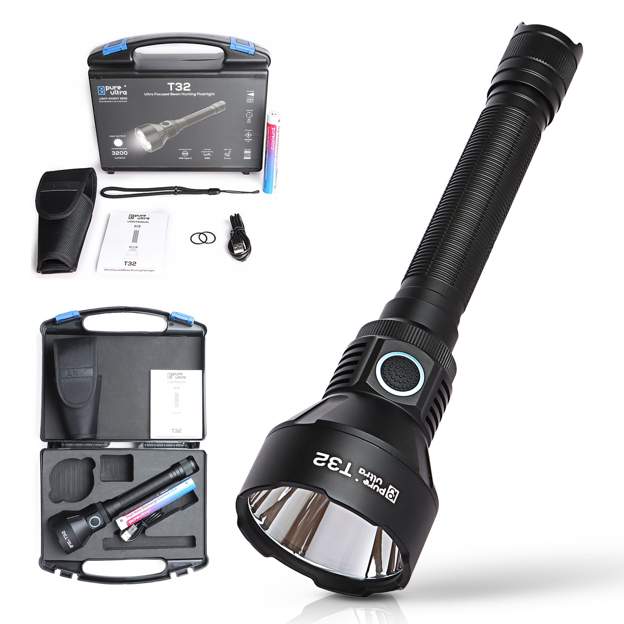 PureUltra LED Taschenlampe T32 (Basic-Kit), 3200 Lm fokussierter Beam · 1150 m Reichweite · RGB Filter · IP68