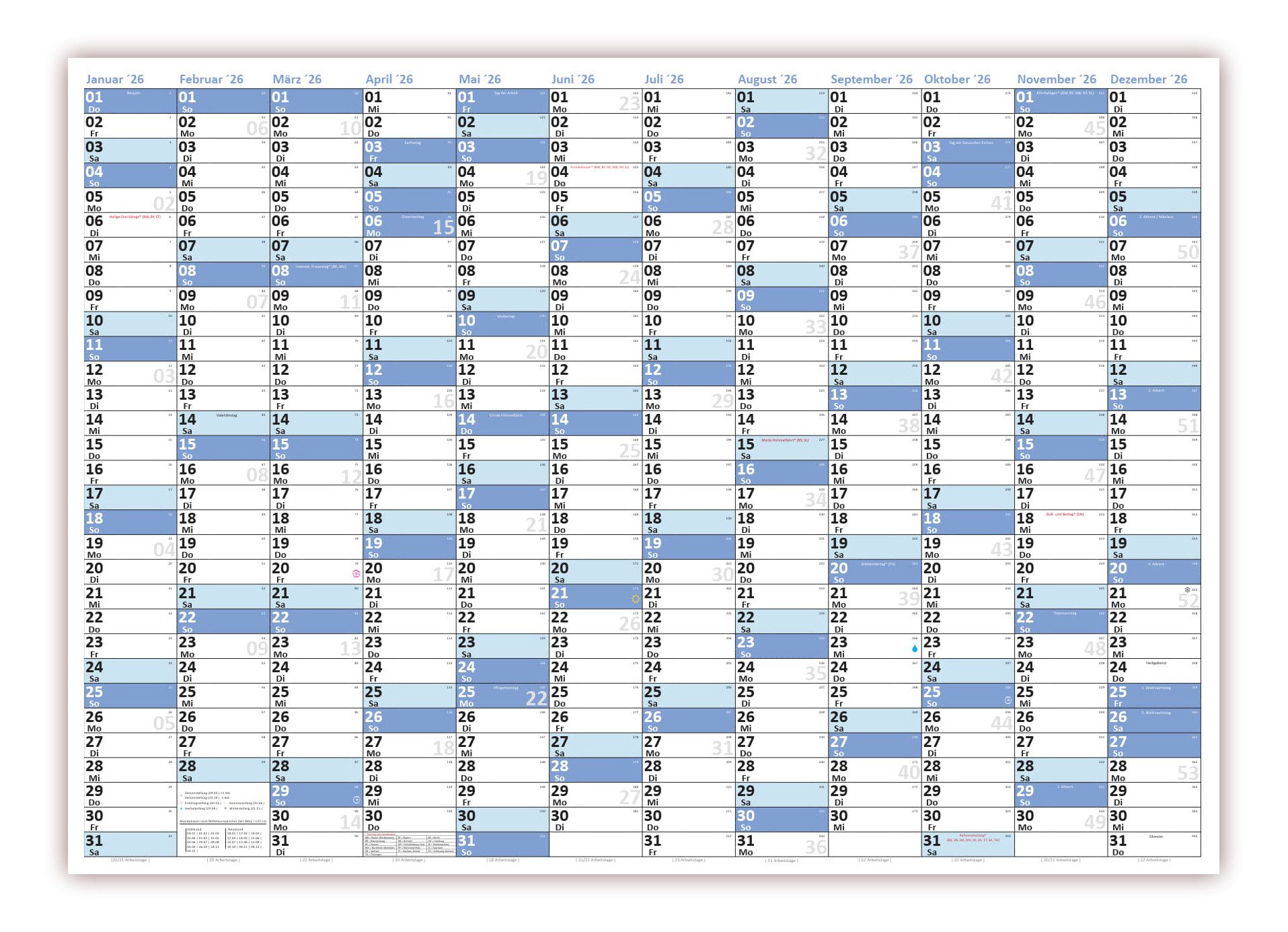 LYSCO Wandkalender XL Wandplaner DIN A1 2026 / 2026 + 2027 blau, nass abwischbar, 12 Monate Jahresplaner Wandplaner gerollt, Kalender Format 59,4 x 84,1cm