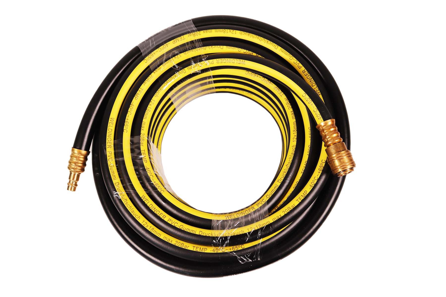WELDINGER Druckluftschlauch Druckluftschlauch 12x18 mm Gummi-PVC Messingkupplungen Länge 15 m, 15 Meter, Messing-Schnellkupplungen, gewebeverstärkter Schlauch