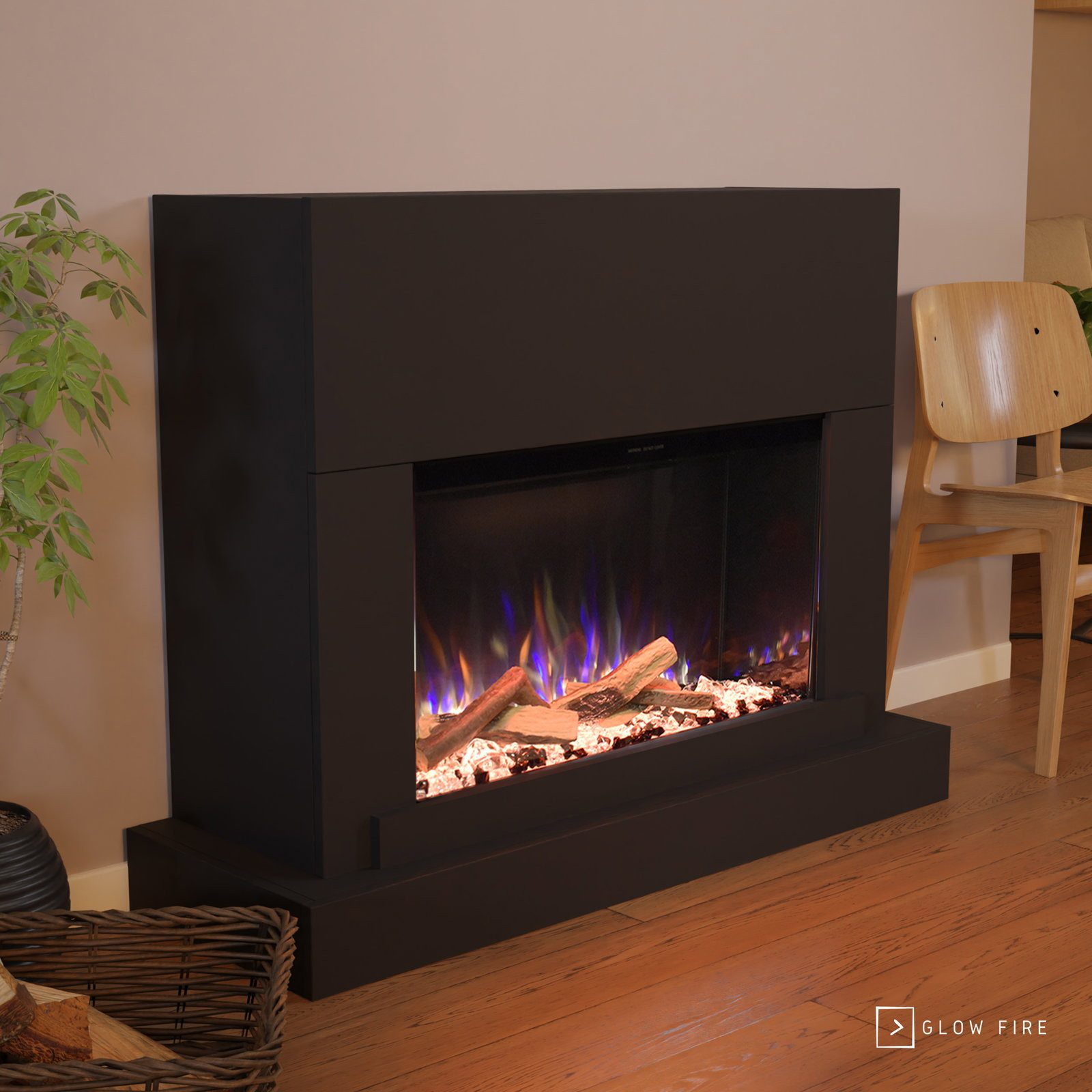 GLOW FIRE Elektrokamin PR4 E-Motion 3D, Elektrischer Kamin mit 3D Feuer mit Heizung, täuschend echte Flamme mit Heizung, 3 Dekorationen