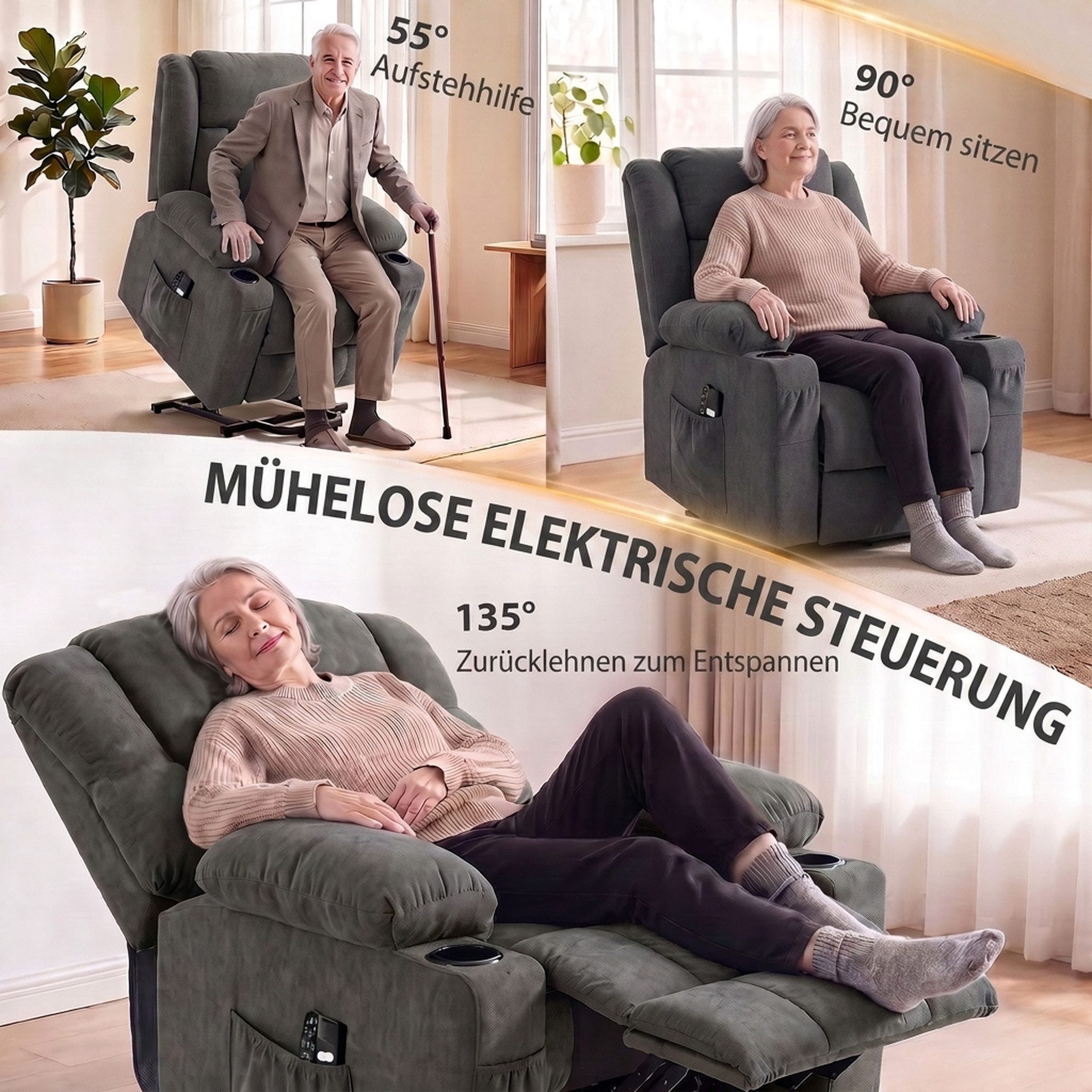 HOMCOM Relaxsessel Aufstehsessel mit Massage und Heizung, Dual-Motor, Dunkelgrau (Set, 1-St., 1), 2 Motoren, Aufstehhilfe, Massage, Wärme – Bild 4 von 5