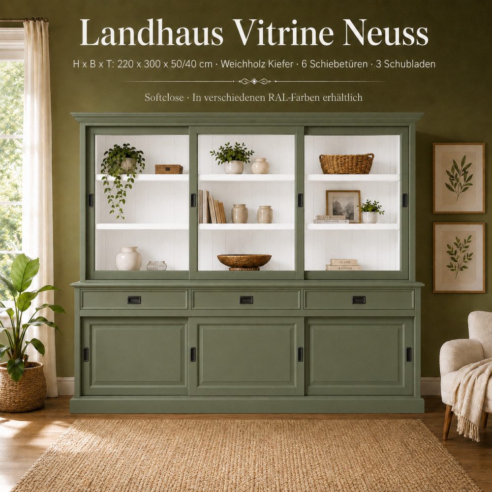 Wohnpalast Vitrine Vitrinenschrank Neuss 300 cm Resedagrün-weiß, Vitrine