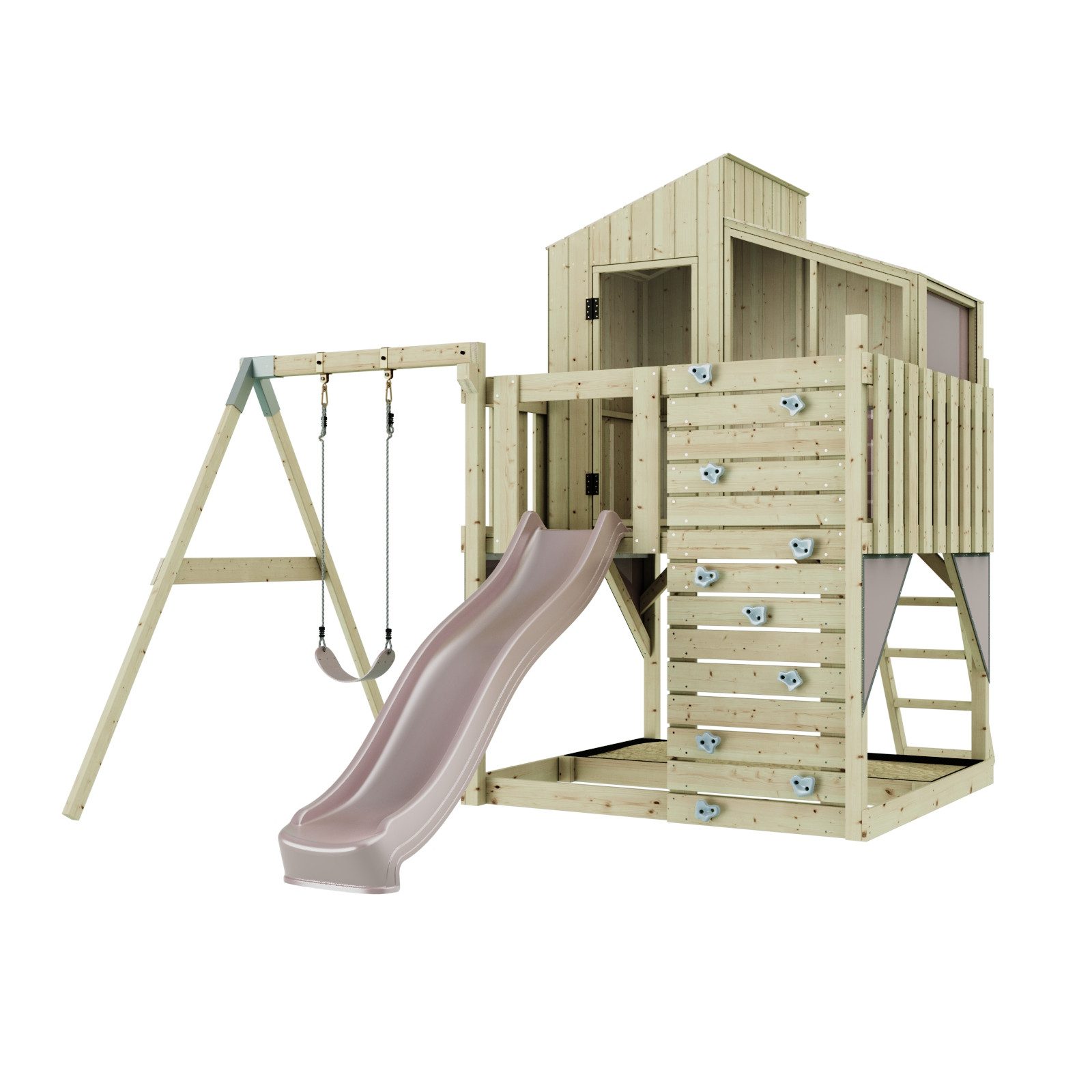 OutdoorToys Spielturm Lotta, aus Holz in Altrosa mit Kinderschaukel & Rutsche, Kletterwand