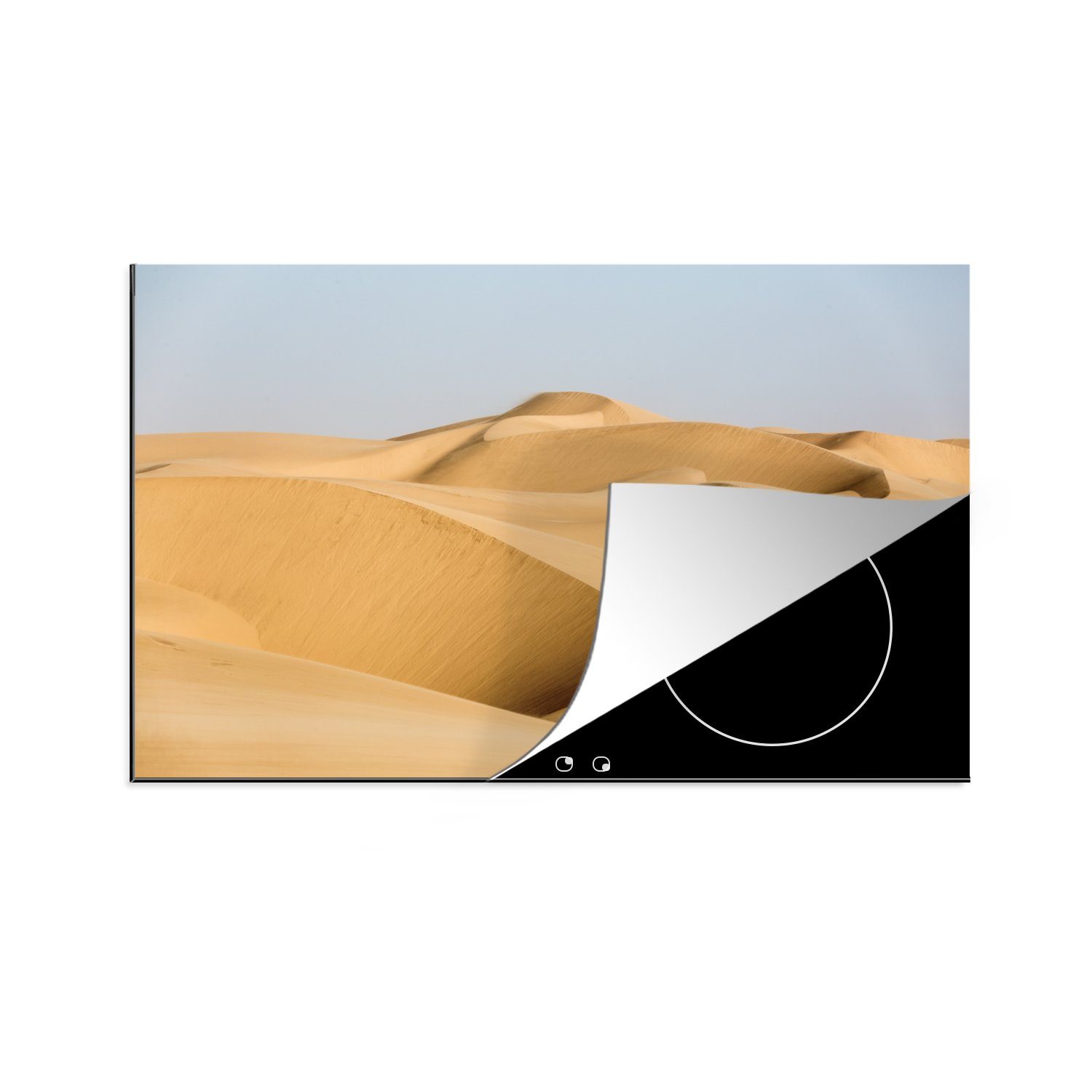MuchoWow Herdblende-/Abdeckplatte Goldene Sanddünen unter einem graublauen Himmel, Vinyl, (1 tlg), 81x52 cm, Induktionskochfeld Schutz für die küche, Ceranfeldabdeckung