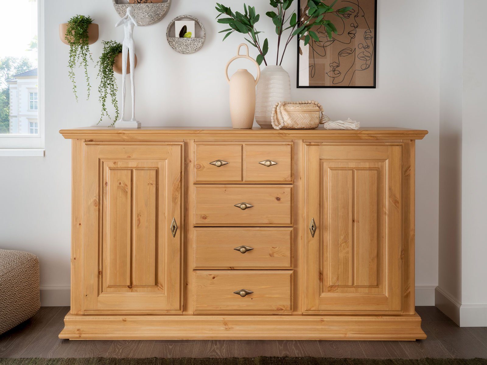 Casamia Sideboard Sideboard Kommode 163x93cm Catania Holz Pinie Nordica massiv natur