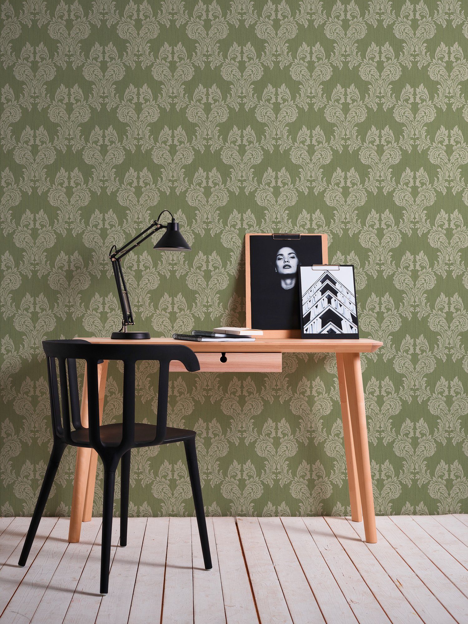 A.S. Création Architects Tessuto, Tapete Barock Barock, Paper samtig, Textiltapete floral, grün
