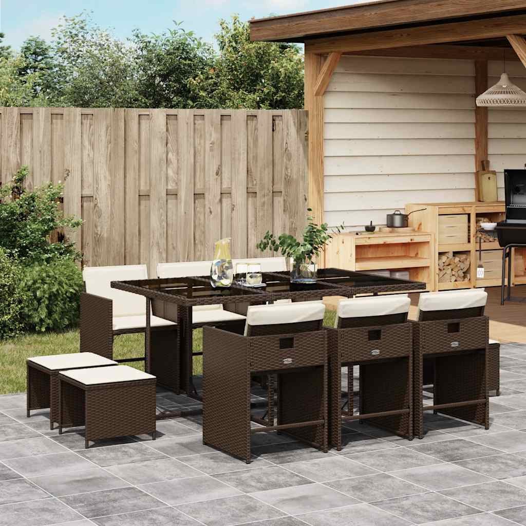 vidaXL Garten-Essgruppe 11-tlg. Garten-Essgruppe mit Kissen Braun Poly Rattan, (10-tlg)