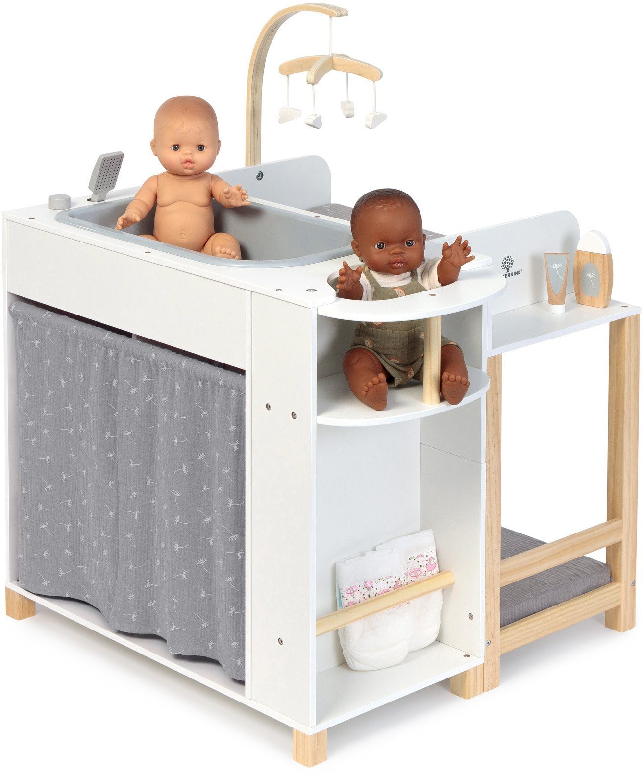 MUSTERKIND® Puppen Pflegecenter Viola, weiß/natur/grau, aus Holz und Mussel günstig online kaufen