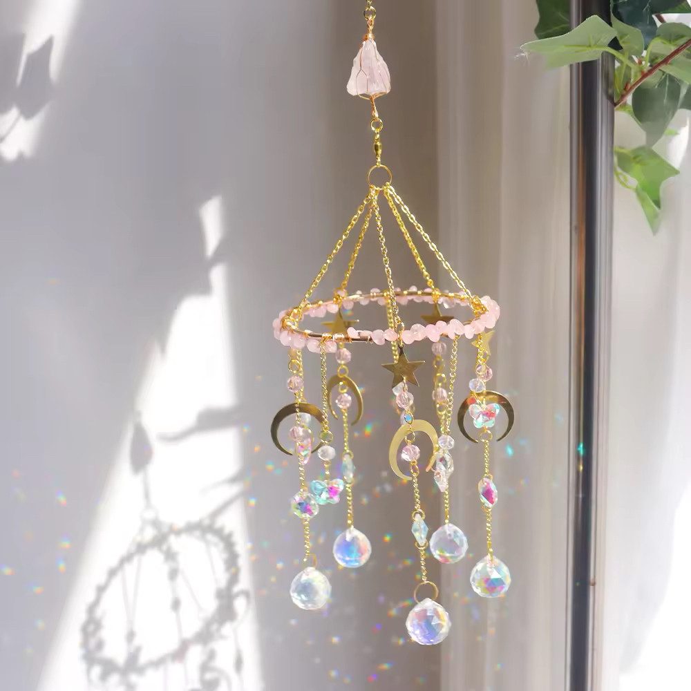 Karmandala Fensterdekoration Windspiel Edelstein Sonnenfänger mit Kristall Lichtspiel, echte Rosenquarz Edelsteine für Liebe, Harmonie und Verbundenheit