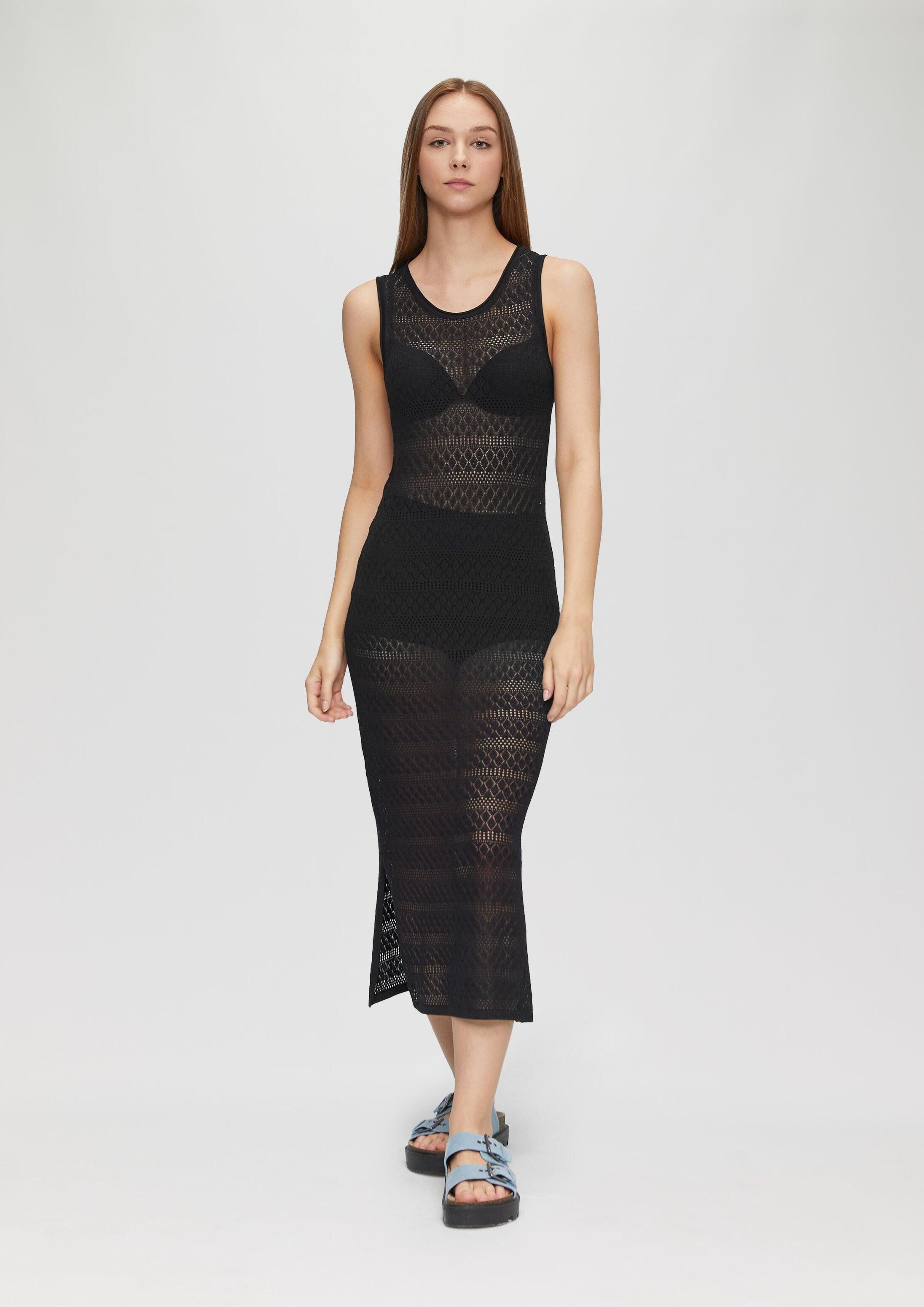QS Midikleid Kleid Transparentes Feinstrick-Kleid mit Ajourmuster
