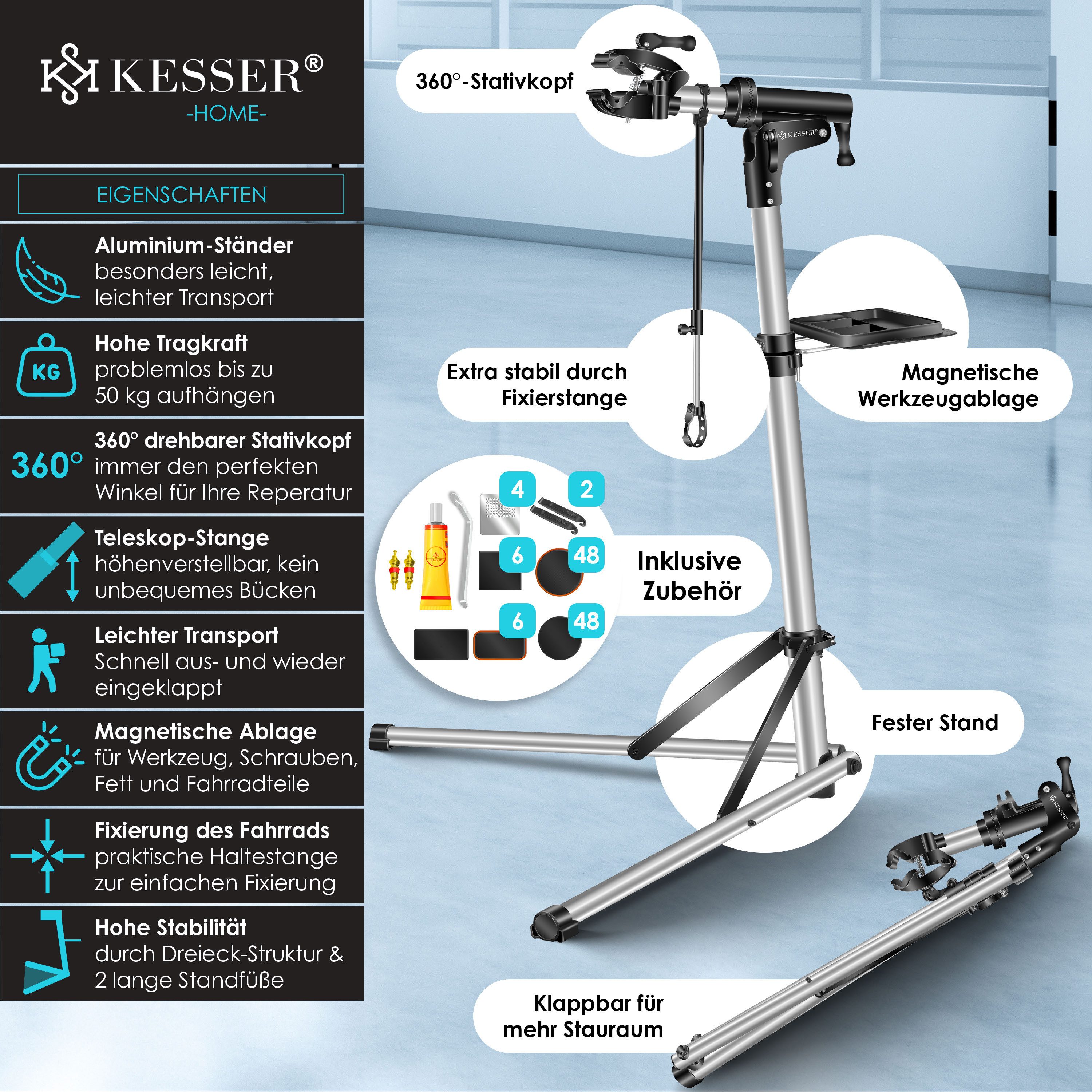 KESSER Fahrrad-Montageständer, Fahrradmontageständer Profi Reparaturständer Aluminium