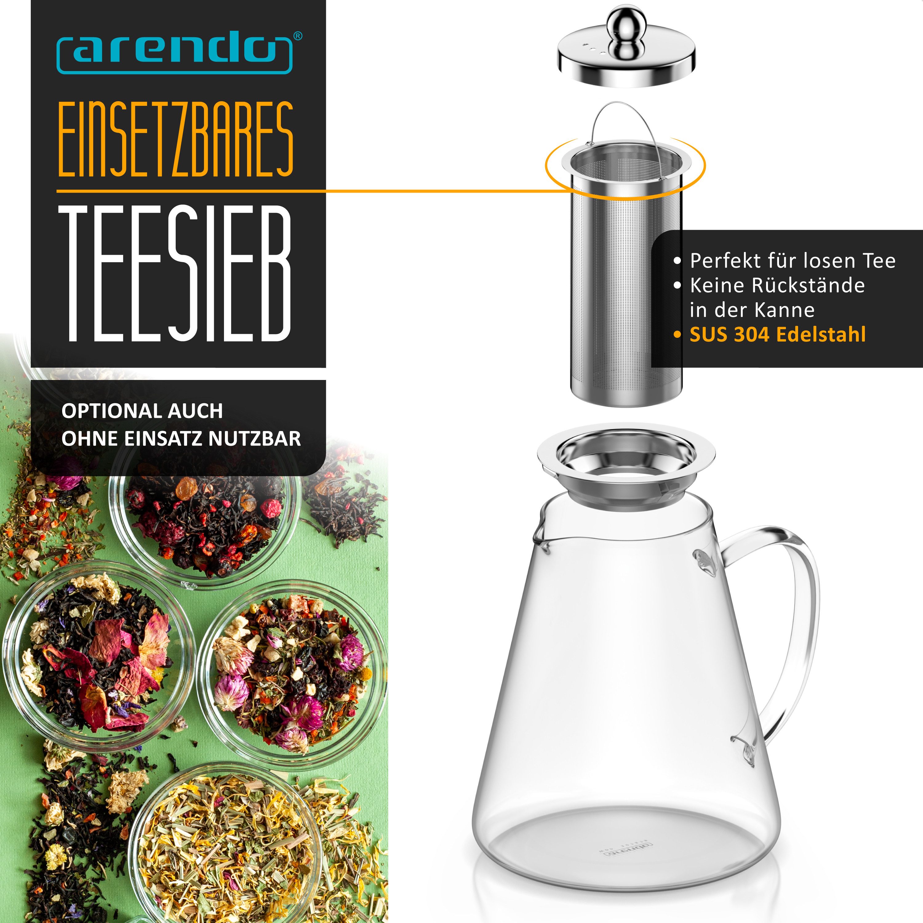 Arendo Teekanne Teebereiter aus Borosilikatglas mit Teefilter & Teesieb für losen Tee, 1,2 l, (Set, Glas Kanne, Edelstahlfilter), Mit Siebeinsatz aus Edelstahl, hitzebeständig & spülmaschinengeeignet