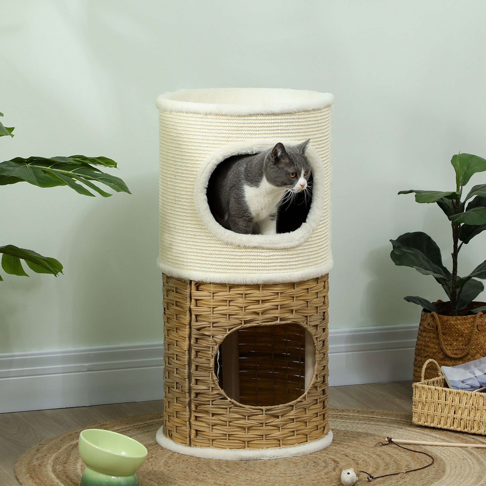 PawHut Kratzbaum 80 cm Hoch, Ø 40 cm, mit Plüschrand, Katzenhöhle, für mittelgroße Katzen, Cremeweiß+Braun
