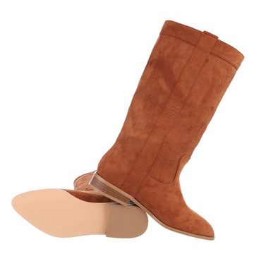 Ital-Design Damen Cowboyboots Western Westernstiefel Blockabsatz Flache Stiefel in Camel