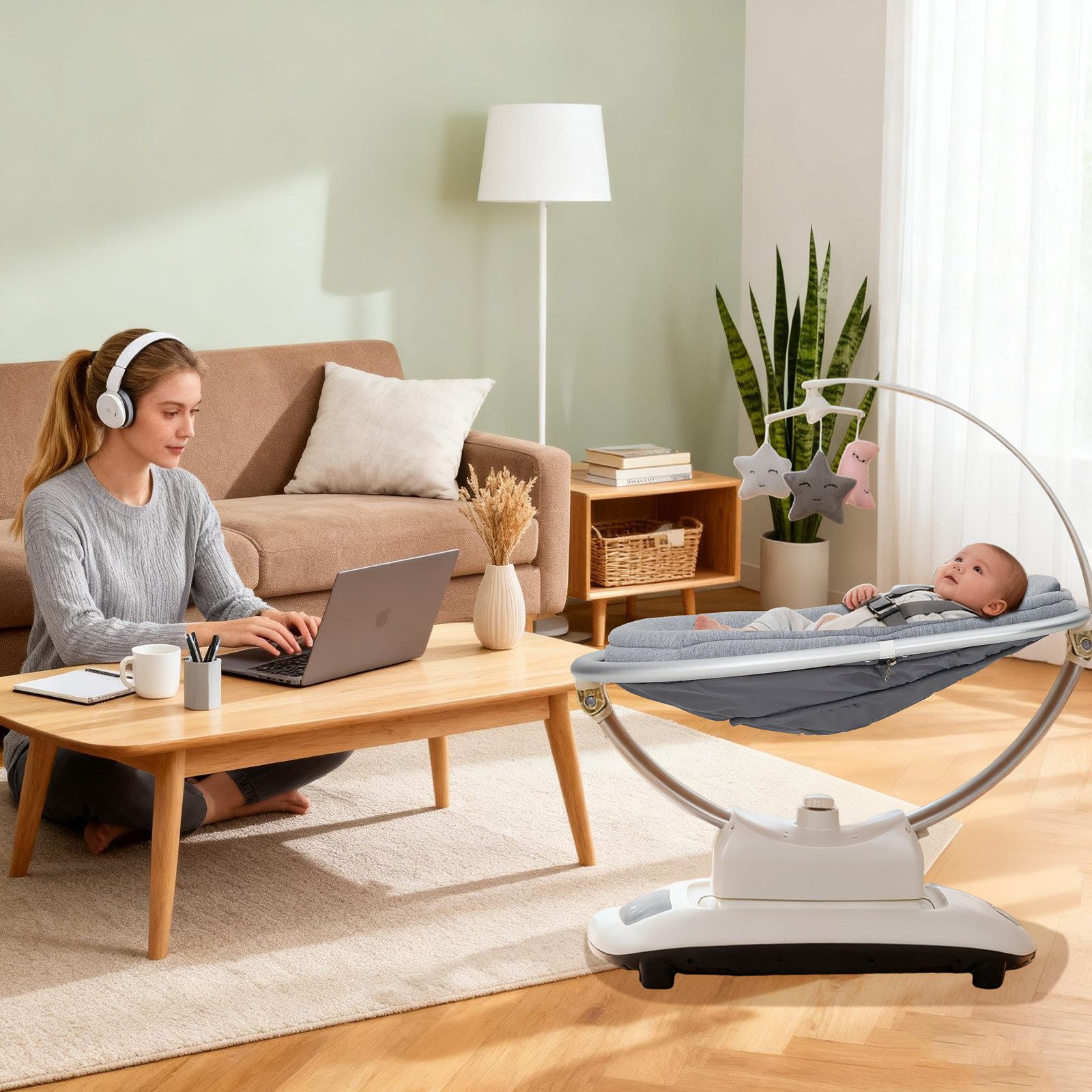 GarveeMore Babywippe elektrische Babyschaukel mit Spielzeugbügel, bis 6 Monate & 18 kg, 5 Schaukelmodi + 5 Schlaflieder, höhenverstellbar, waschbar