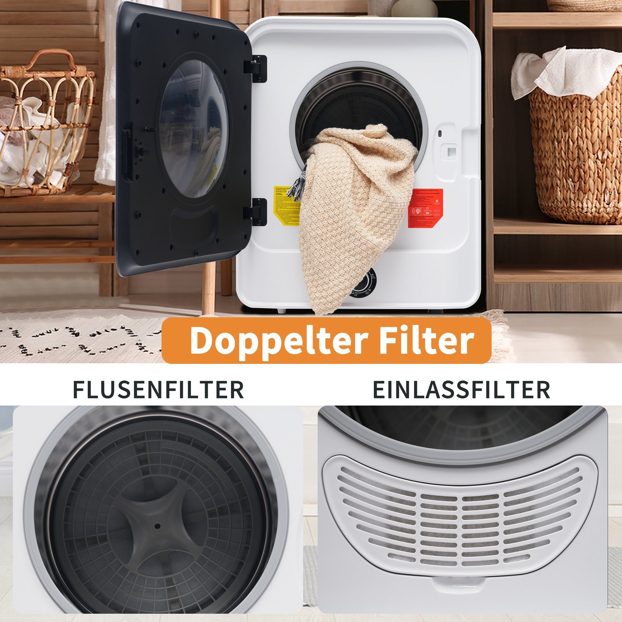 Merax Ablufttrockner mit PTC-Heizelement, Doppelte Filterung, Frontlader, mini-Wäschetrockner freistehend/hängend, Timer