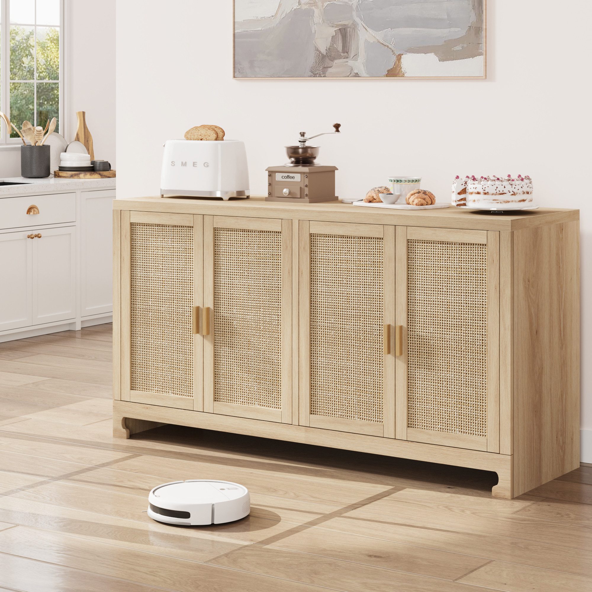 GarveeMore Sideboard Rattan Sideboard mit 4 Türen und Regal, Aufbewahrungsschrank (1 St)