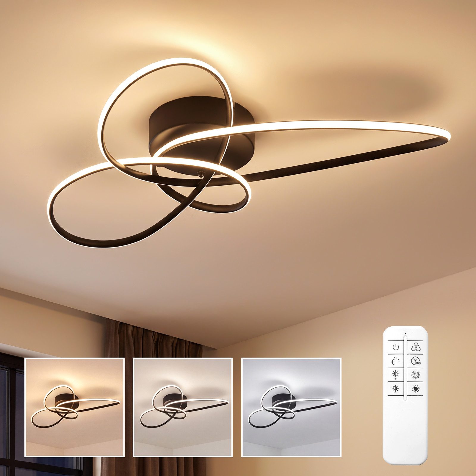 Nettlife LED Deckenleuchte Schwarz/Weiß Modern Dimmbar Deckenlampe mit Fernbedienung, LED fest integriert, warmweiß, für Schlafzimmer Wohnzimmer Küche Deckenlampe