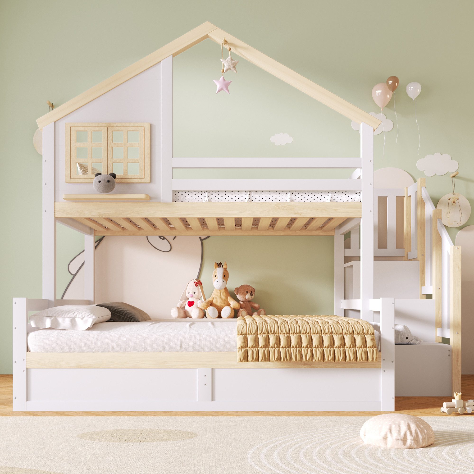 Merax Etagenbett 90x200 & 140x200 cm mit Hausdesign (1-St., Jugendbett Doppelbett Stockbett Spielbett mit Fensteroptik), Kiefernholz Kinderbett mit hydraulische – Bild 2 von 5