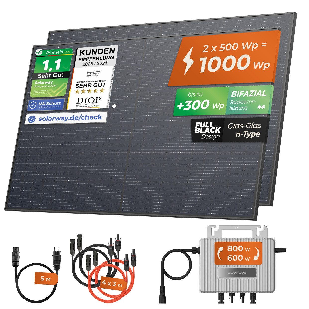 Solarway Balkonkraftwerk 1000Wp / 800W Balkonkraftwerk komplett Steckdose 1000 Watt, 1000 W, Monokristallin, (500W bifaziale Black Solarmodule & EcoFlow & Zubehör), EcoFlow Stream 600 / 800 Watt Wechselrichter - Solaranlage Komplettset