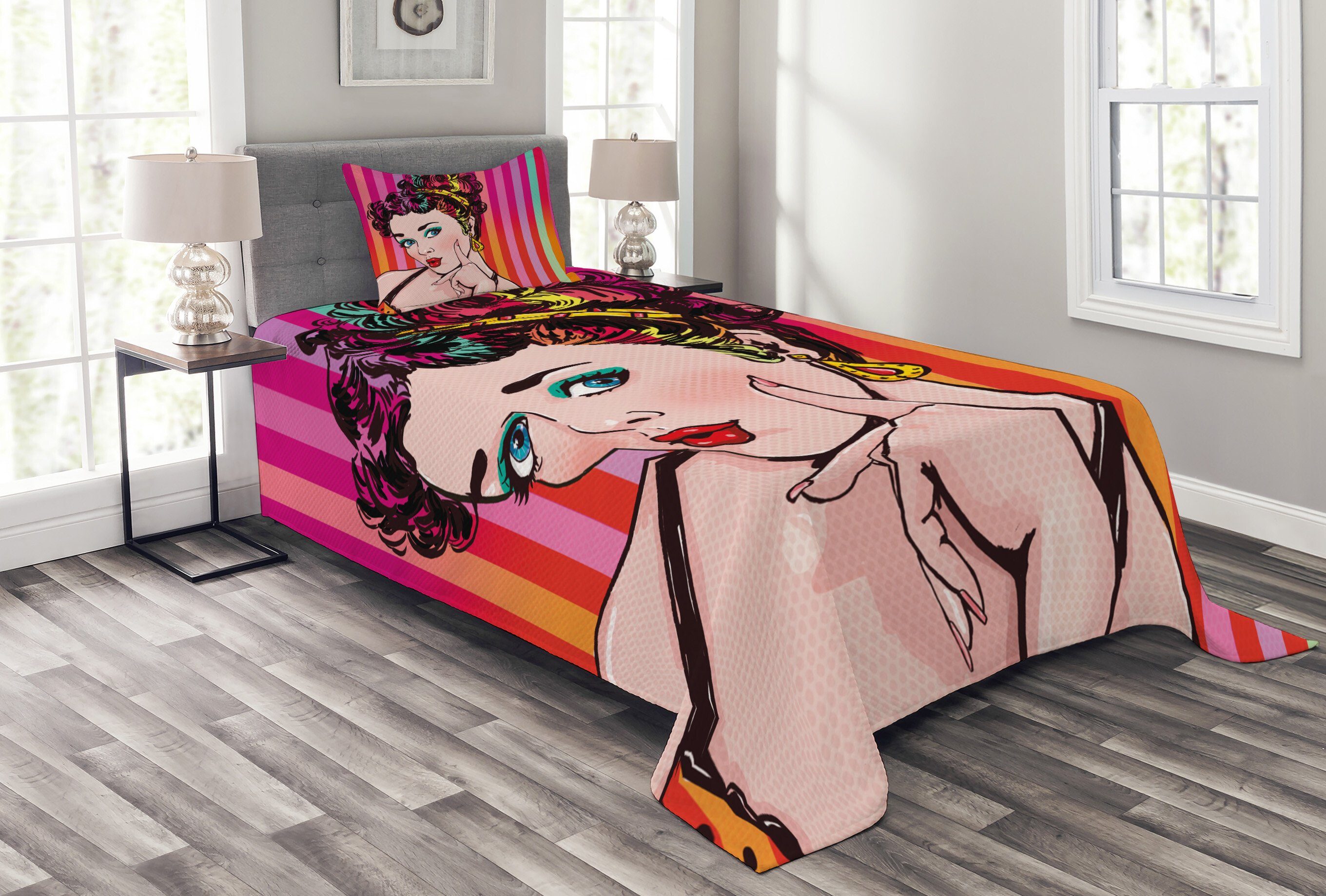 Kunst Pop-Art Set Abakuhaus, Tagesdecke Frau Blaue gemusterte Waschbar, mit Kissenbezügen