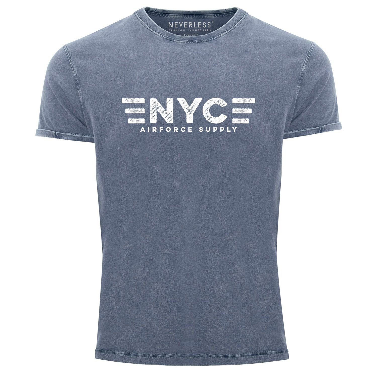 Neverless Print-Shirt Herren Vintage Shirt Aufdruck NYC New York City Airforce Supply Print Printshirt T-Shirt Used Look Slim Fit Neverless® mit Print blau | T-Shirts